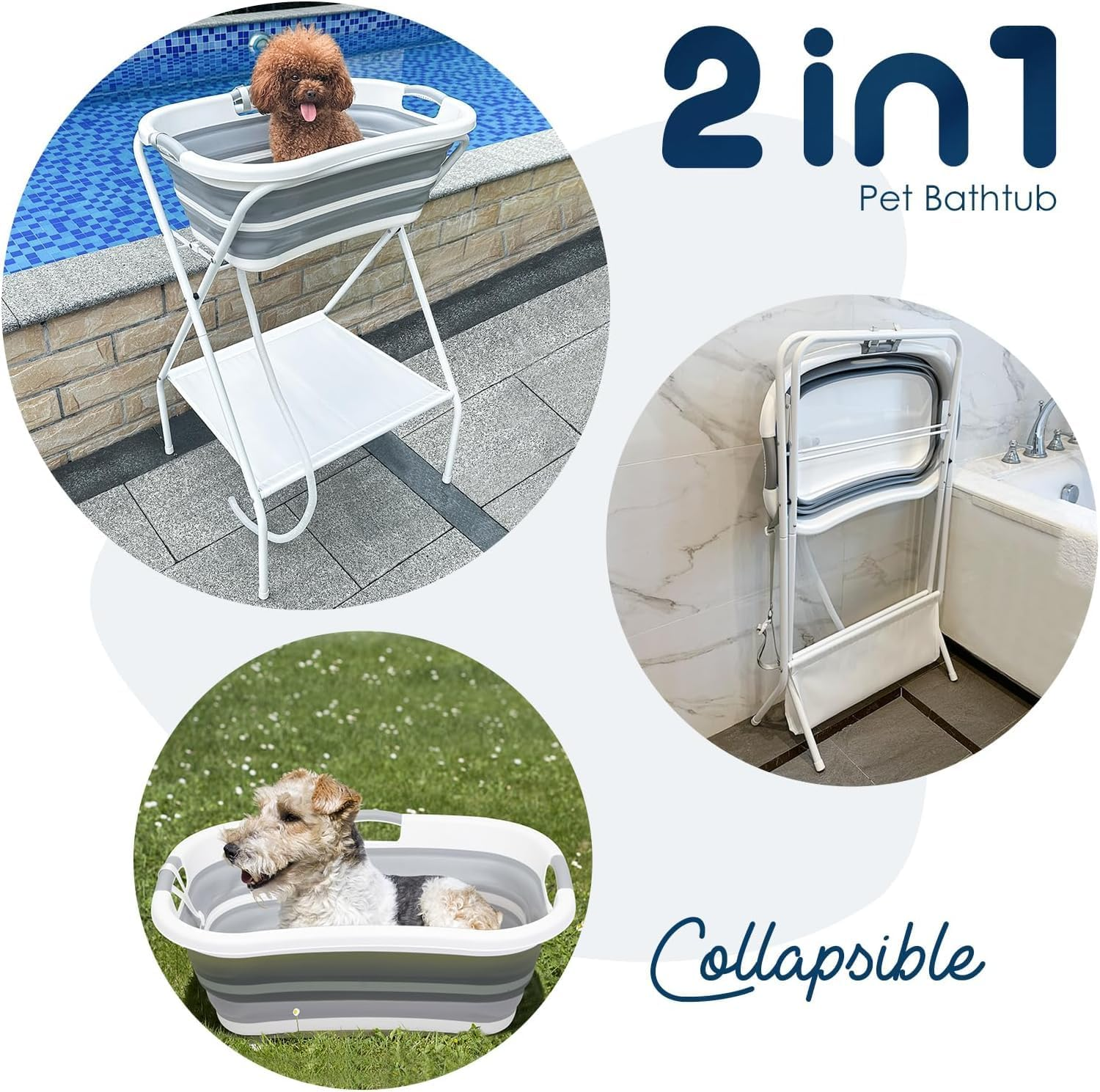 2 in 1 Dog Bath Tub Dog Washing Station for Bathing and Grooming, Elevated Collapsible Foldable Portable Shower Bathtub for Small Dogs Cats Pet, Indoor and Outdoor image number 1