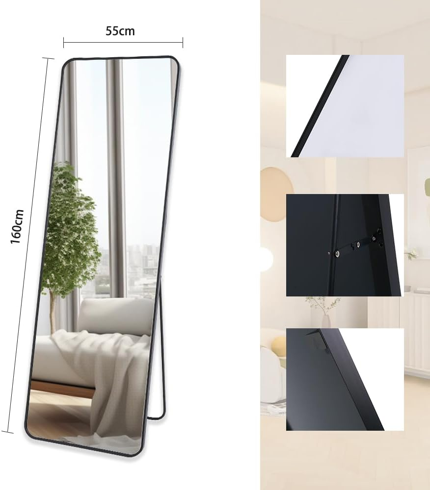 Shatterproof Full Length Mirror 160X50Cm Wall & Floor Body Black Metal Frame Large Mirror HD Tempered Glass Standing Mirror for Bedroom, Living Rooms, Boutiques Studios, Rental Housing image number 4