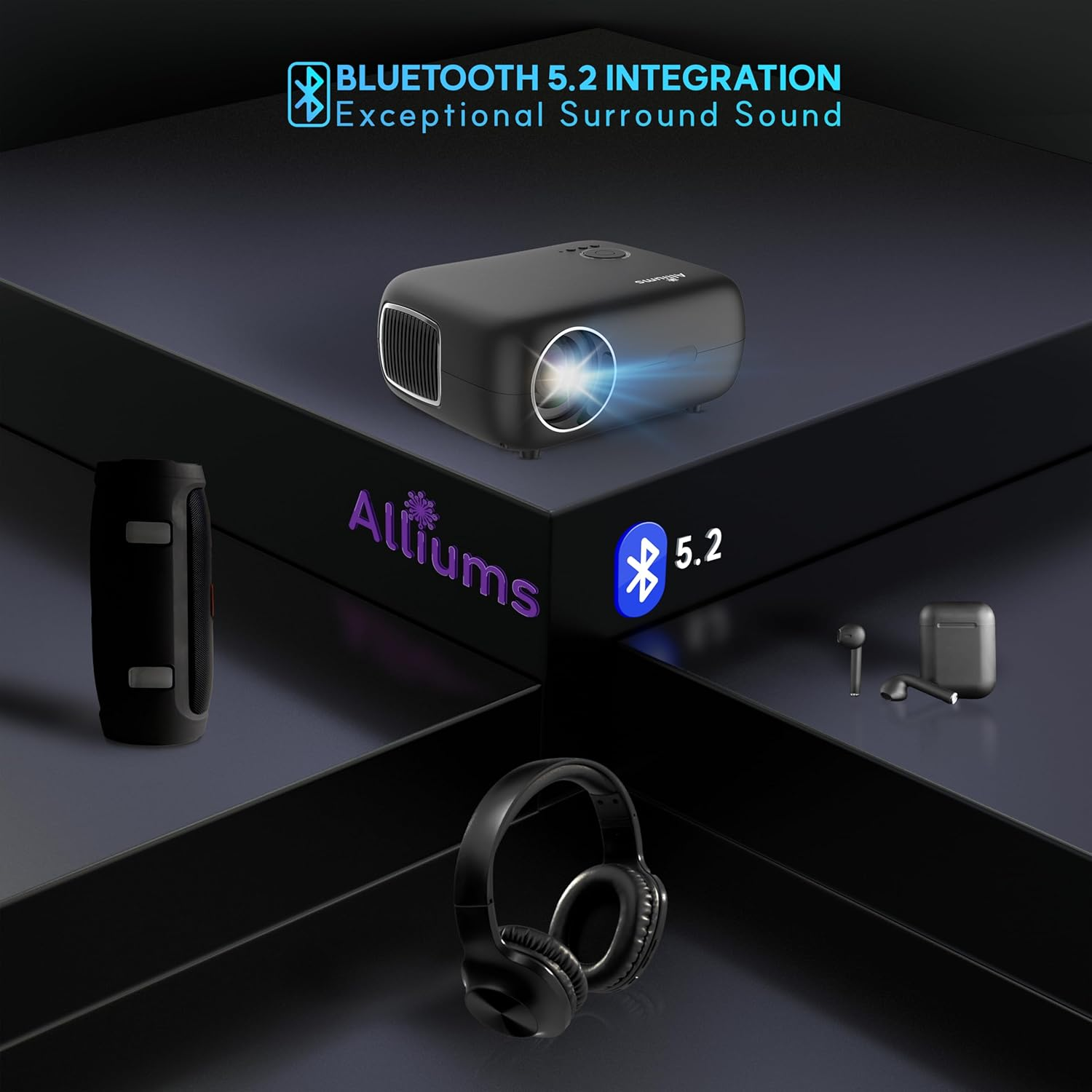 Alliums Projector AUTO Focus AUTO Keystone Portable Native 1080P Full HD, 4K Support, 16000 Lumens, 10W Hi-Fi Speakers, 300 Inch Display, 5G/2.4G Wi-Fi, 5.2 Bluetooth, Home Theater & Gaming Black image number 1