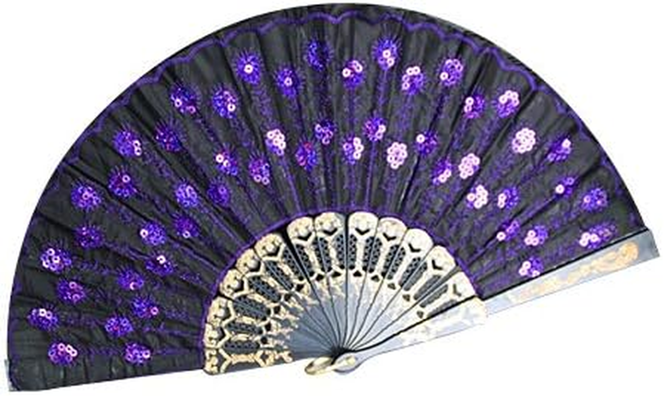 Accessotech Spanish Lace Silk Folding Hand Held Dance Fan Flower Pattern for Party Wedding (Black) - Black image number 2