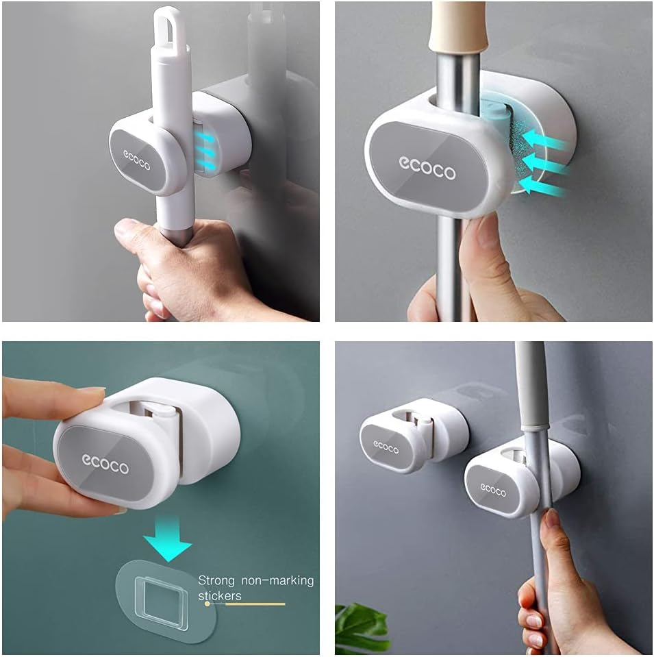 Mop Broom Tool Multipurpose Holder for Home Storage Organisation in Your Kitchen,Laundry,Garage,Garden,Caravan,Motorhome. Stylish Design.Easy Wall Mount SUPER ADHESIVE Strip. No Drilling.(White/Grey) - White/Black image number 7
