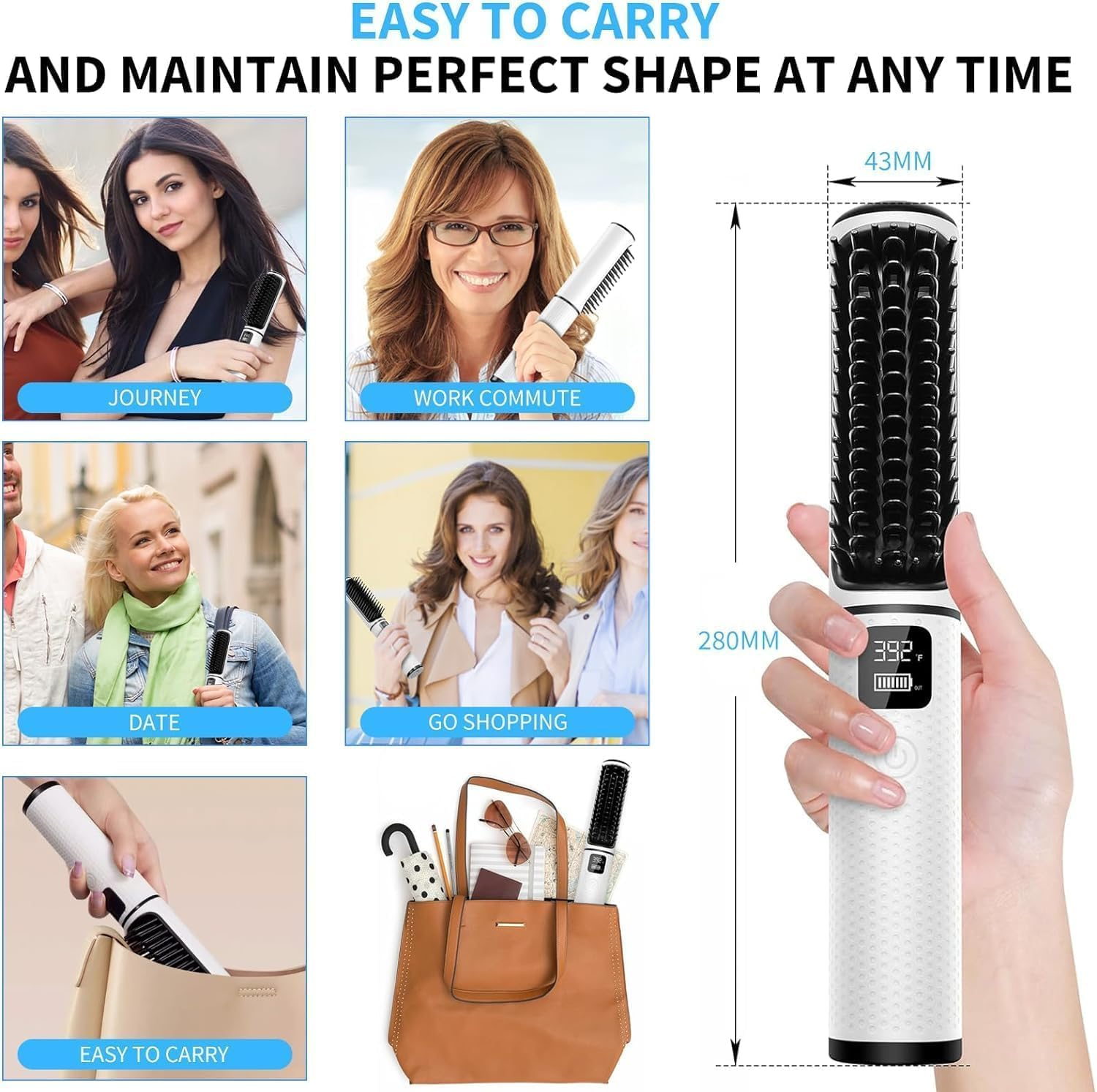 B-Qtech Cordless Hair Straightener Brush, Mini Portable Travel Wireless Straightener Negative Ion with Type-C Rechargeable Anti-Scald Fast Heating & 4 Temp Settings, Hair Straighteners Comb for Women Gift image number 6