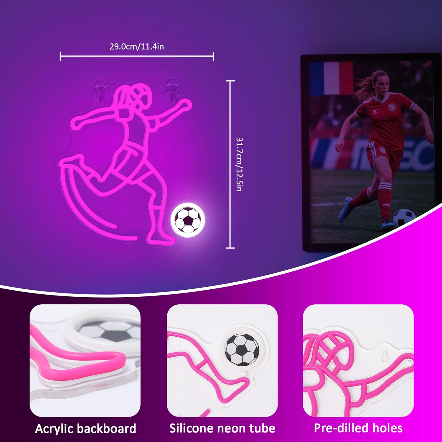 Okiyid Soccer Neon Sign for Girls - Dimmable Sport Wall Decor with USB Power,Unique Gifts for Soccer Girls Women, LED Neon Lights for Friends College Dorm Football Fans Accessories image number 1