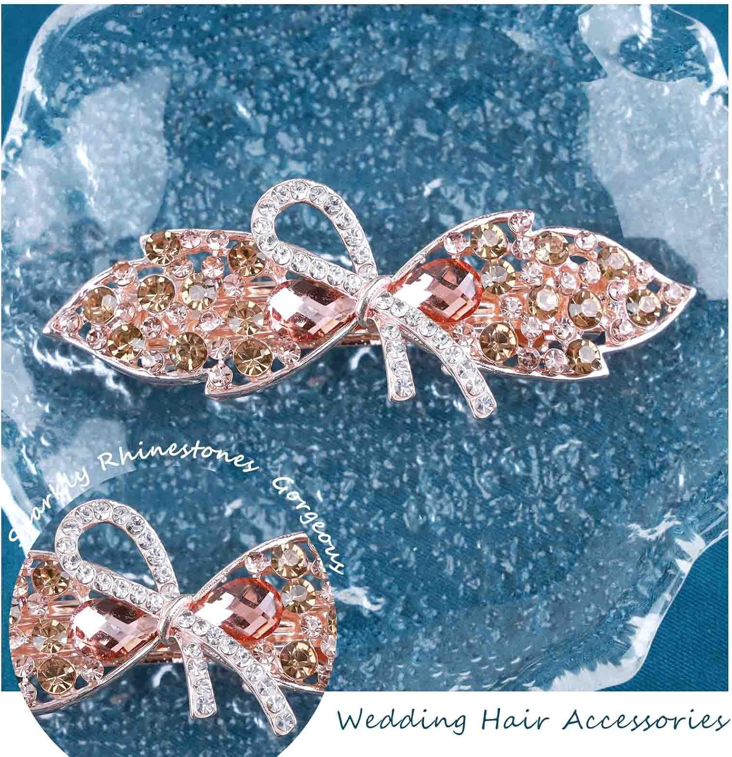 Tseenyi Bridal Wedding Hair Clip Bow Crystal Hair Clip Gold Rhinestone Hair Clip Sparkling Bridal Decorative Headwear Hairpin Women and Girls Gifts (Champagne Crystal) image number 4