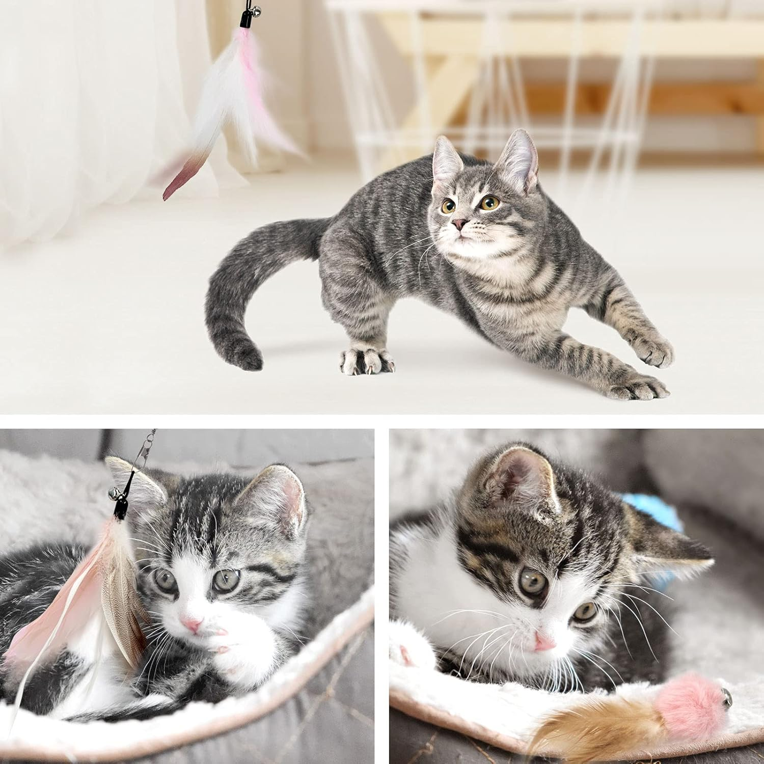 SONGWAY Interactive Cat Toy Feather - Cat Toy Set with Retractable Rods, Feather Rod Cat Toy with 6 Pieces Replacement Feathers with Bells, Feather Rod Cats, Pink image number 6