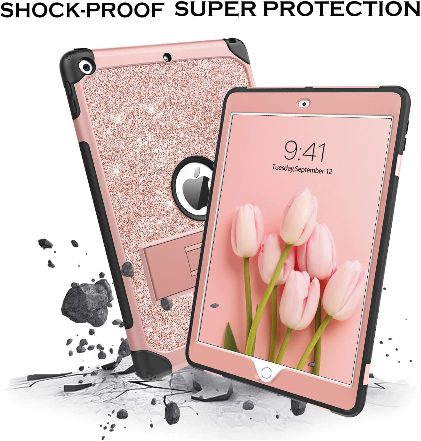 YINLAI Ipad 10.2 Case for Ipad 9Th 8Th 7Th Generation, Slim Glitter Bling Table Case for Kids Girls Women with Stand Shockproof Protective Cover Ipad 10.2 Inch 2021/2020/2019, Rose Gold/Pink image number 1