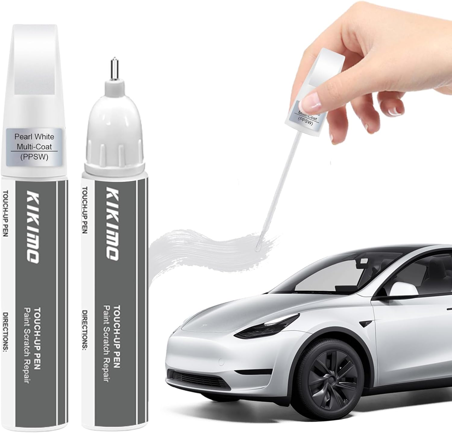 KIKIMO for Tesla Touch up Paint(Pearl White Multi-Coat(Ppsw)), Car Paint Repair Kit for Tesla Model Y/3/S/X, 2 in 1 Scratches Repair with Pen Tip and Brush, Color-Matched for Quick & Easy Fix