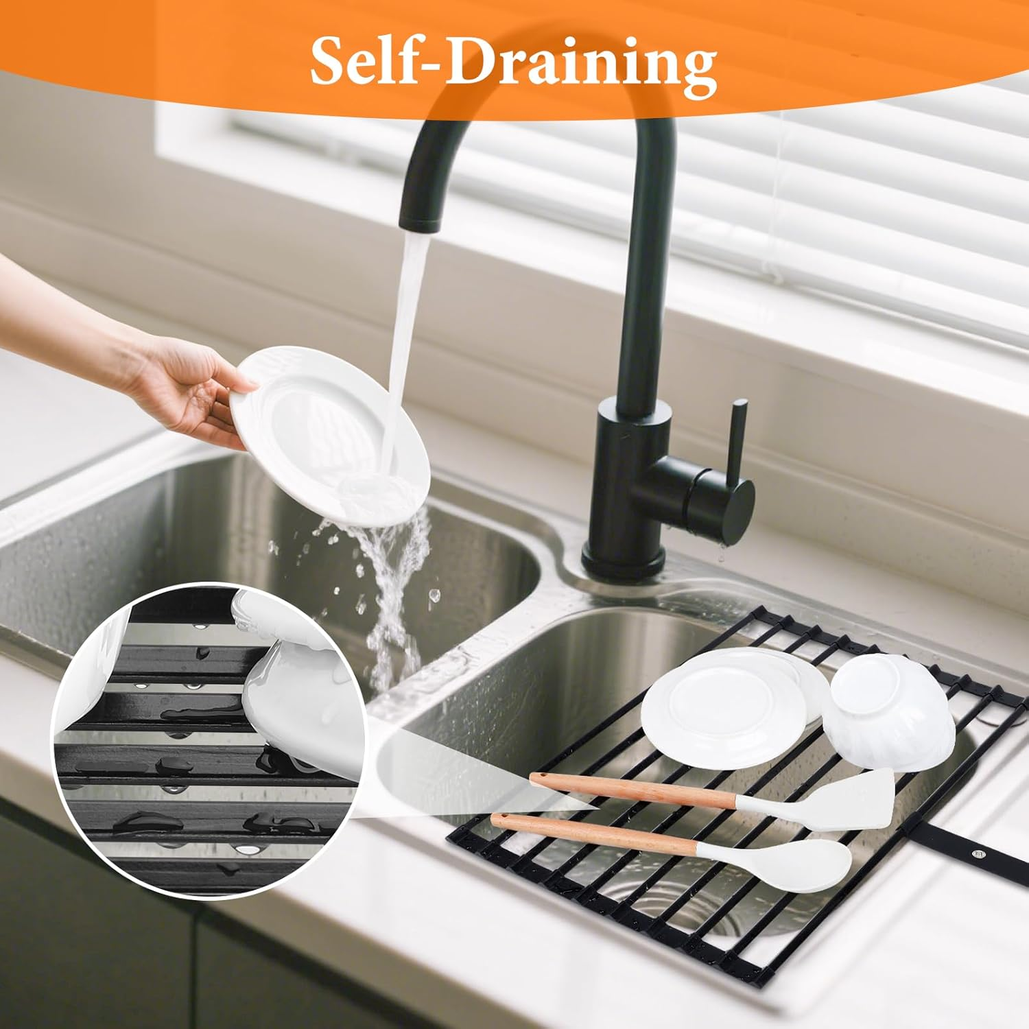 Euqvunn Roll Dish, Large Foldable Sink Drainer Mat Rack with Anti-Slip Silicone Edges and Strap, for Drying Plates, Bowls, Cups, 51X32Cm, Black image number 5