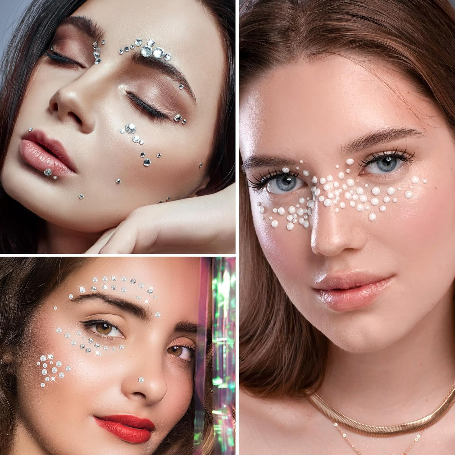 5 Sheets Self Adhesive Face Gems for Makeup - 3D Heart Star Moon Rhinestone Stickers, Eye Nail Body Crystal Pearls Jewels for Festival Crafts image number 2