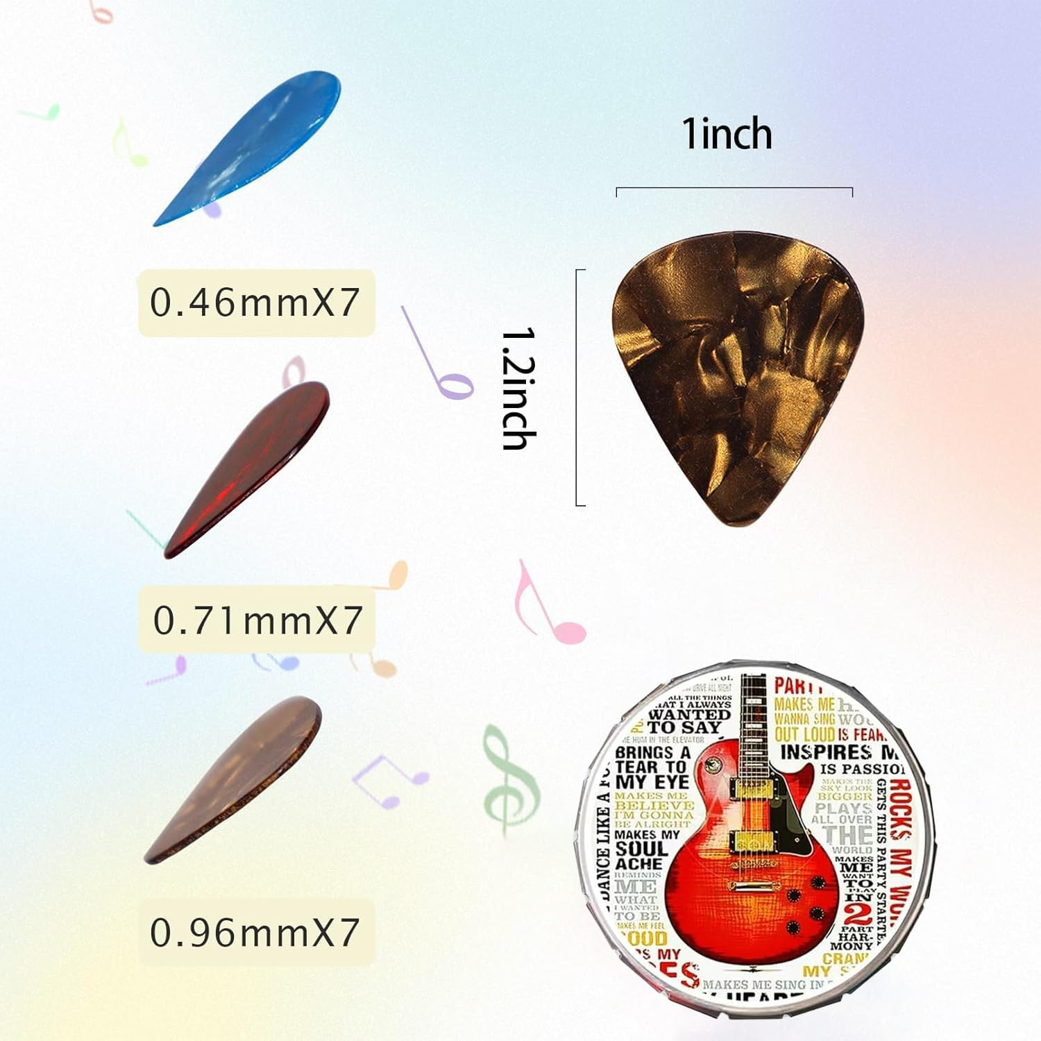 16 Pack Guitar Picks with Organizer Storage Box, 3 Different Thickness Colorful Celluloid Guitar Picks Plectrums for Acoustic Guitar, Electric Guitar, Bass, Ukulele - Colorful-12 image number 3