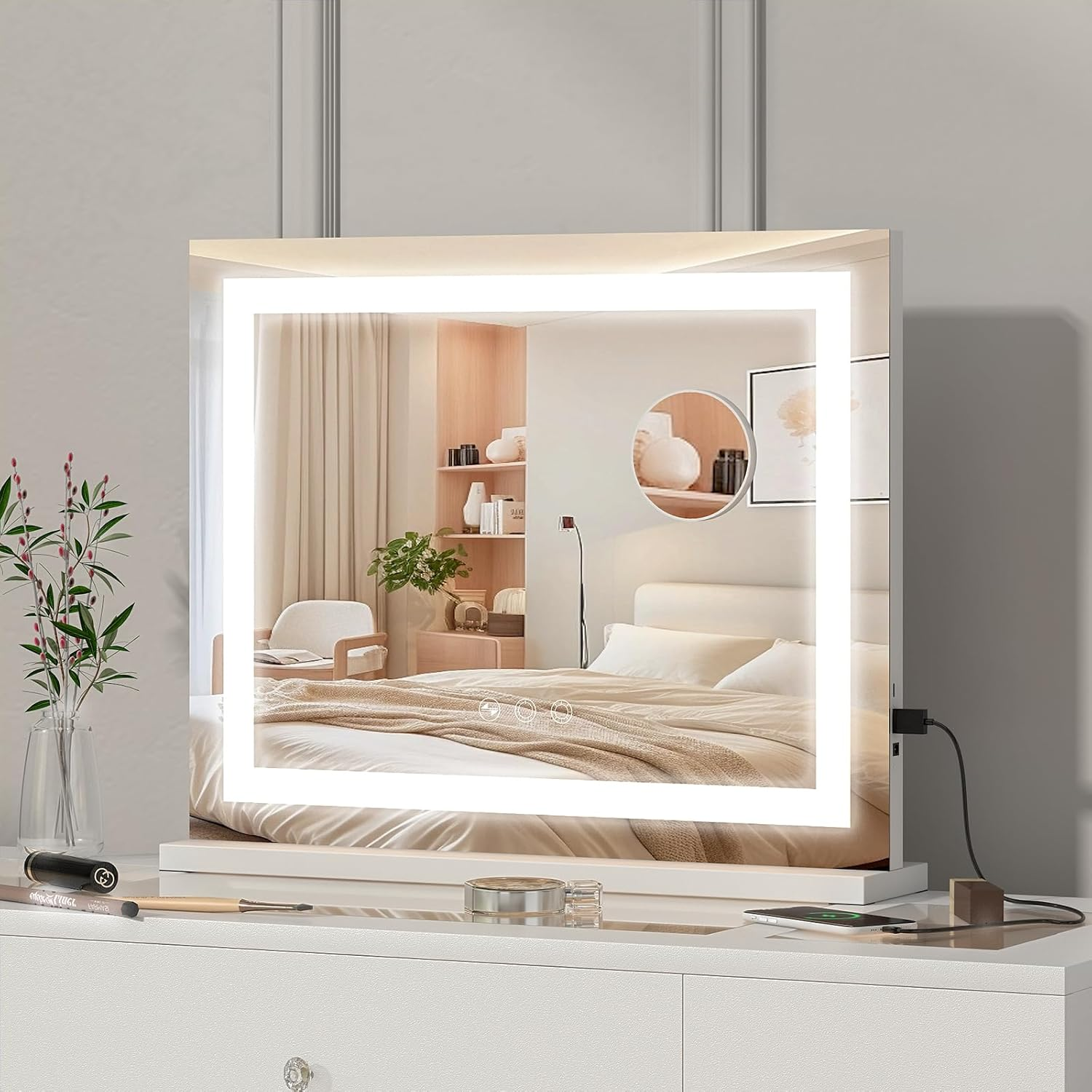 Advwin Lighted Vanity Mirror, 3-Color Dimmable LED & Touch Control - Large Makeup Mirror for Dressing Room with 5X Magnification Mirror Tabletop or Wall-Mounted, White