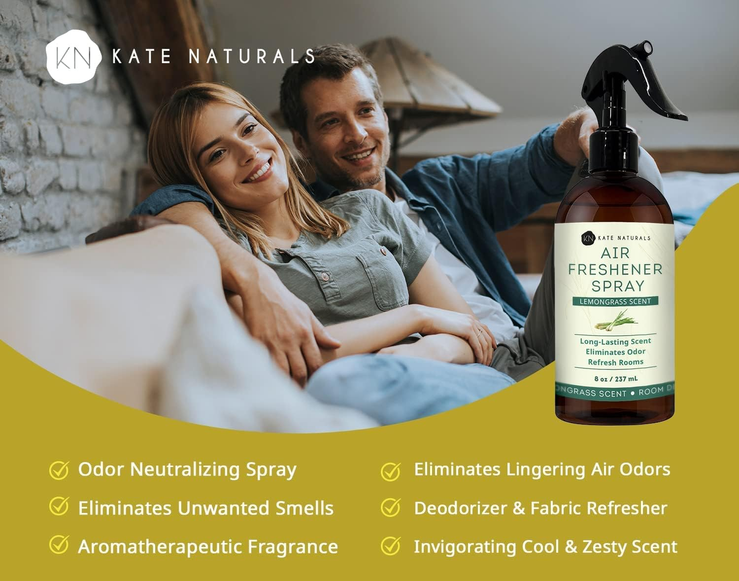 Air Freshener Spray Lemongrass Scent - Kate Naturals (8 Fl Oz). Sharp Lemongrass Aroma & Odor Eliminator for Pillows, Linen & Room Spray with Essential Oils. 8 Fl Oz. image number 6