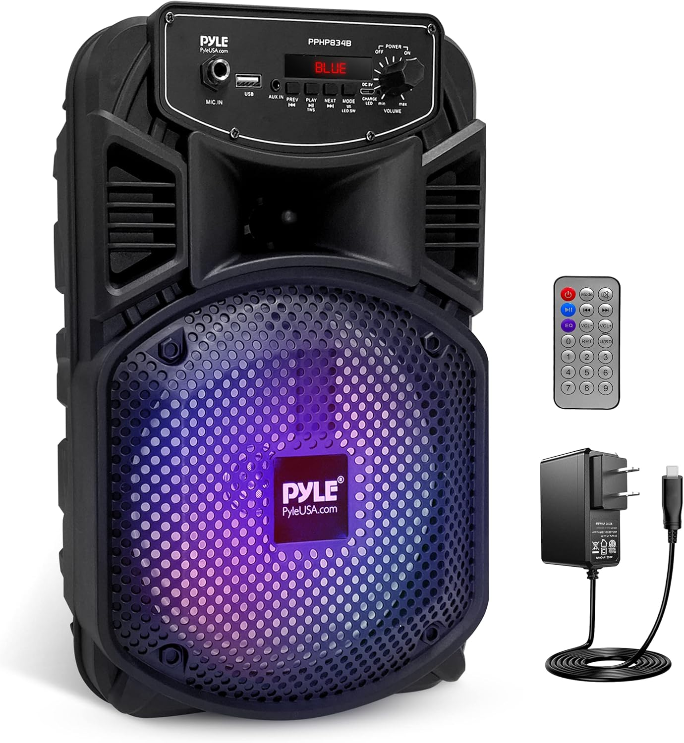 Portable Bluetooth PA Speaker System - 300W Rechargeable Outdoor Bluetooth Speaker Portable PA System W/ 8&rdquo; Subwoofer 1&rdquo; Tweeter, Microphone In, Party Lights, MP3/USB, Radio, Remote - Pyle PPHP834B image number 5