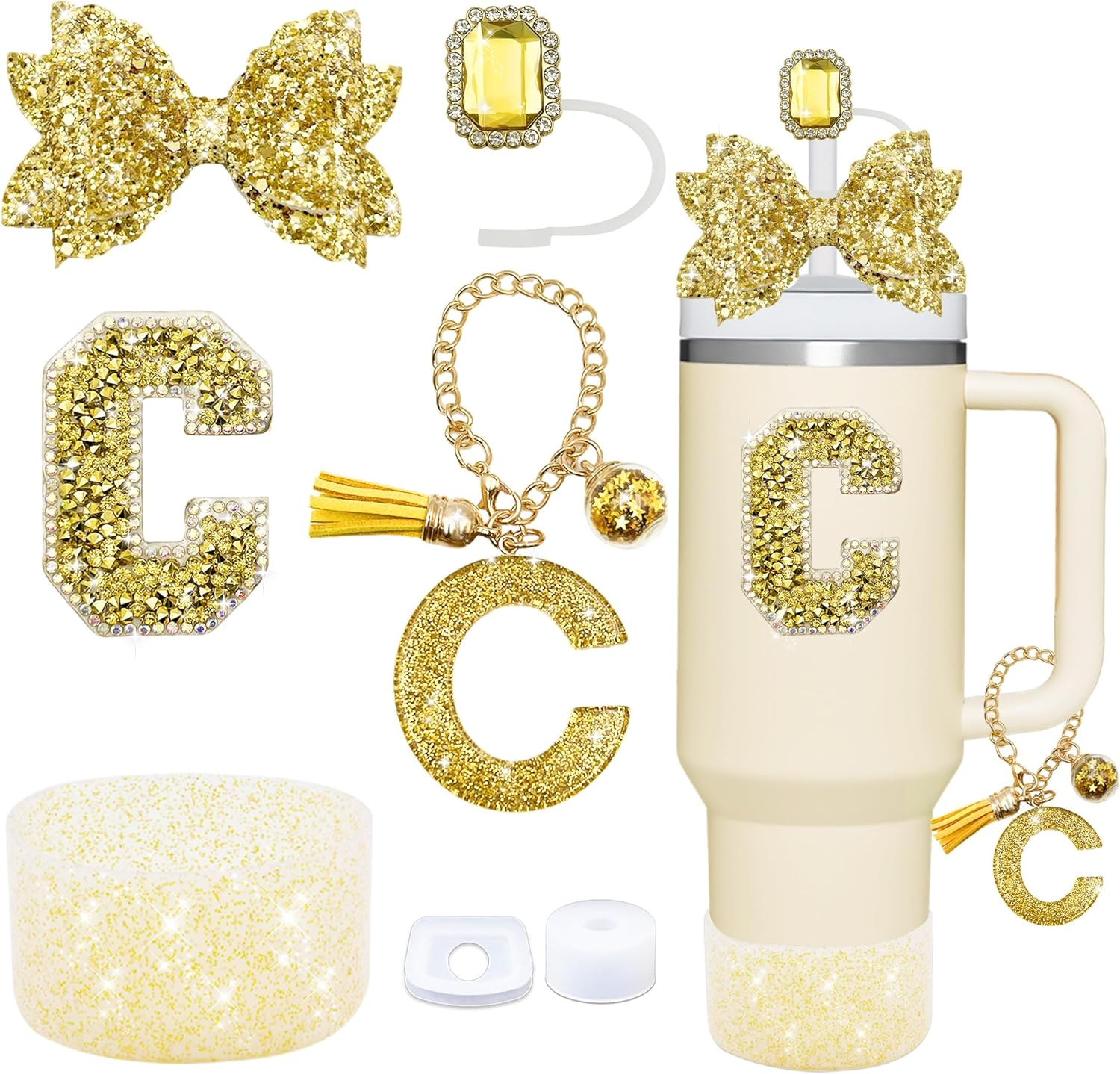 7PCS Bling Stanley Cup Accessories for 30Oz & 40Oz Tumbler with Handle,Including Initials Charms,Straw Bow Decorate,Straw Topper Cover,Boot,Spill Proof Stoppers,Initials Sticker (Gold E)