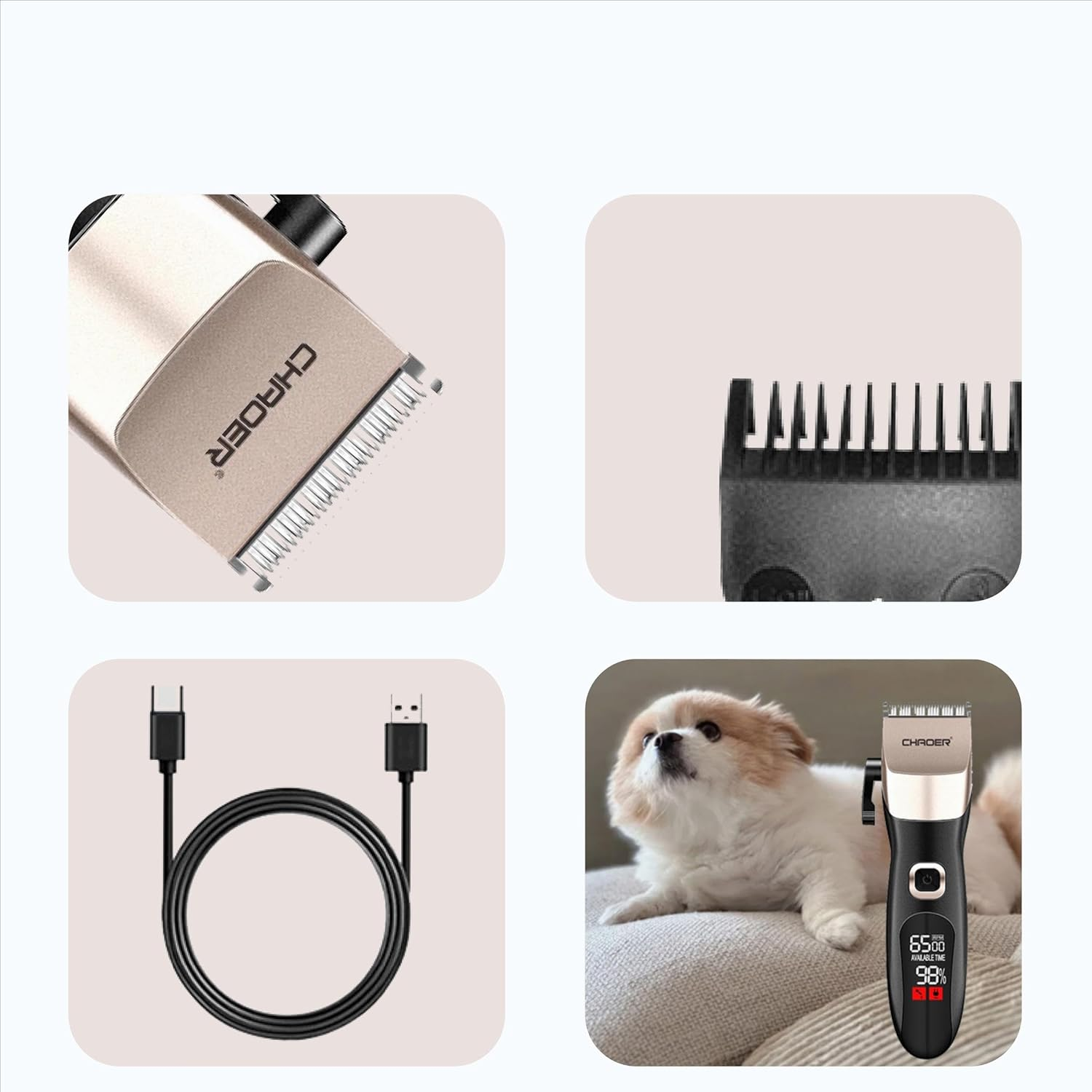 Dog Clippers for Grooming with LCD Screen & 4 Combs - 4-Speed Adjustable, Low Noise Cordless Trimmer,Stainless Steel Blade for Cats/Dogs, Usb-Type-C Charging image number 2