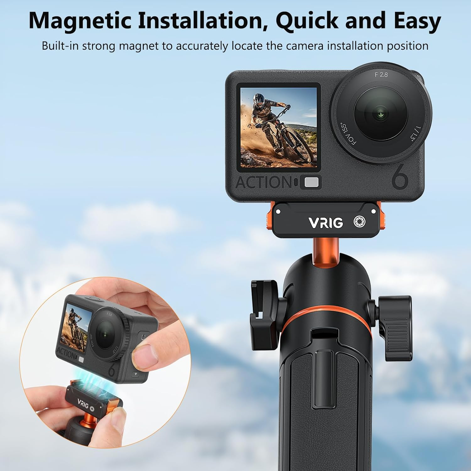 VRIG Action Camera Selfie Stick Tripod for DJI Osmo Nano/Action 6, Dual-Direction Magnetic Quick Release Adapter 360&deg; Ball Head & Cold Shoe Mount, 8 to 21 Inches Extendable Rod, AC-40N image number 4