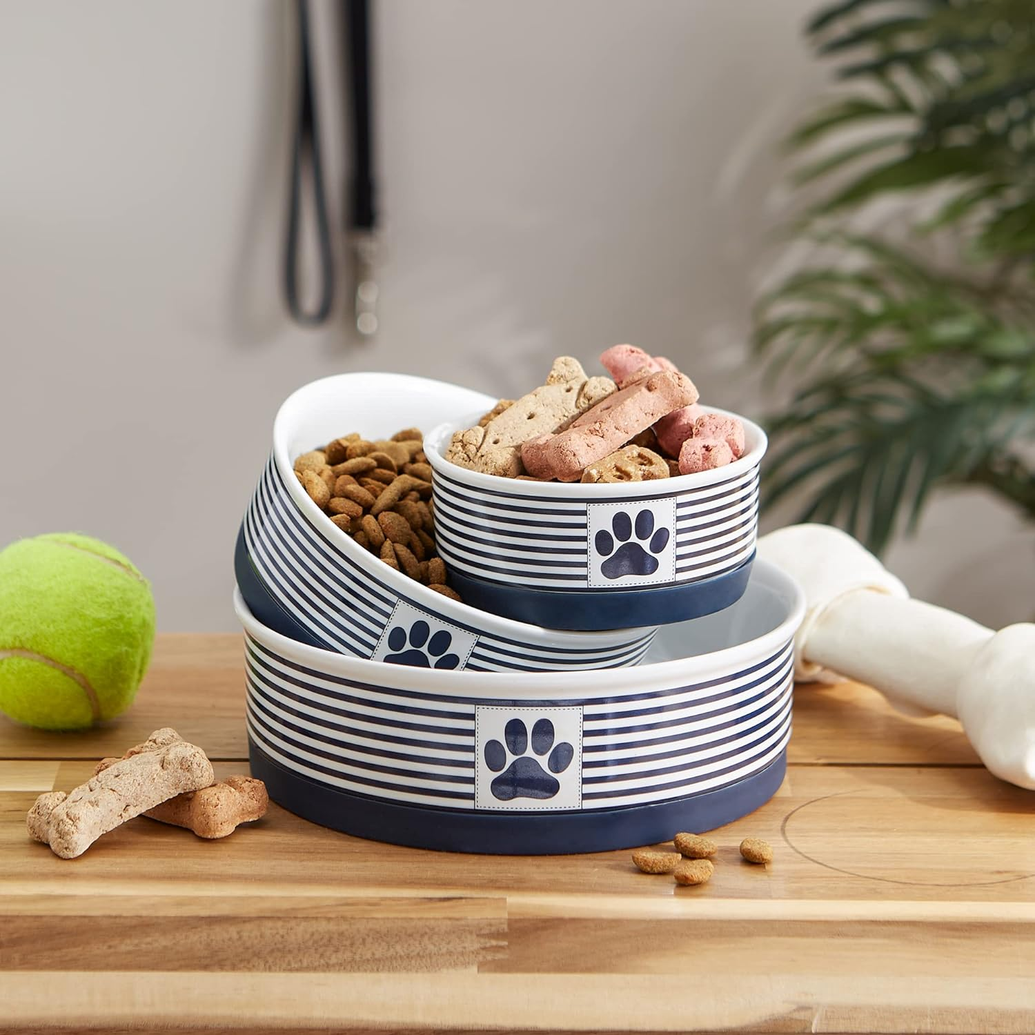 Bone Dry DII Paw Patch & Stripes Ceramic Pet Bowl for Food & Water with Non-Skid Silicone Rim for Dogs and Cats (Medium - 6" Dia X 2" H) Nautical Blue - Set of 2 image number 2