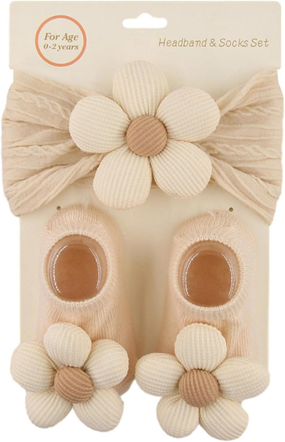 Baby Girls Nylon Headbands Socks Set, Baby Girls Headbands and Bows Nylon Elastic Hair Bands Hair Accessories for Newborn Infant Toddler Kids (Beige, S)