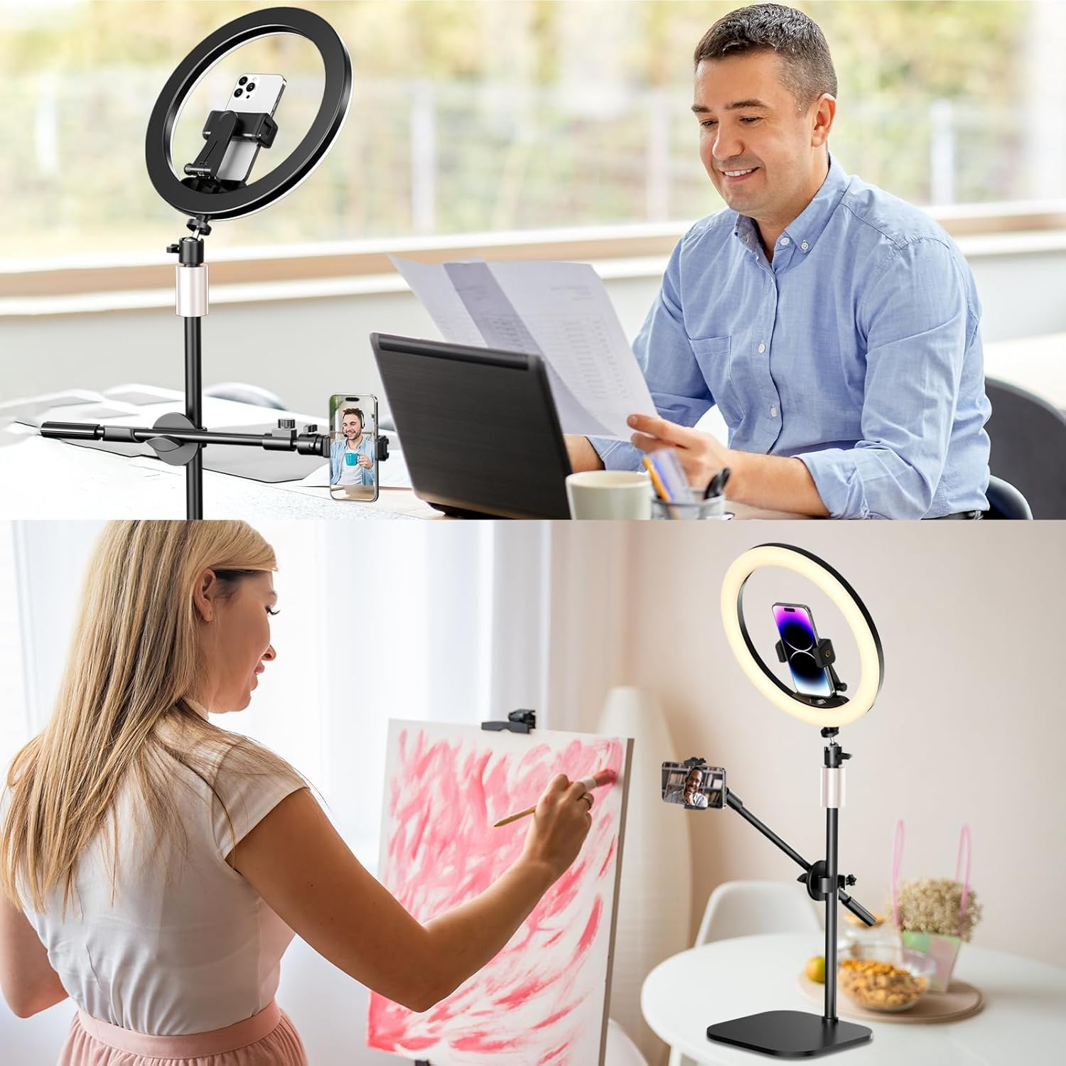 Sensyne 12" Desk Ring Light with Stand and Phone Holder, Overhead Phone Mount for Video Recording, Zoom Meeting, Live Streaming, Tiktok, Youtube，Compatible with Iphone, Android, Cameras image number 5