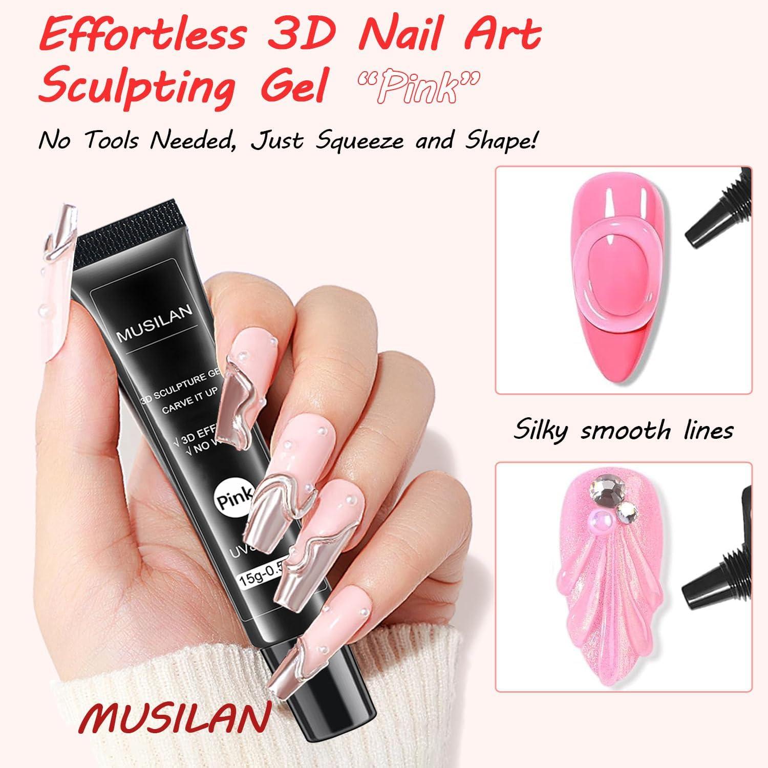MUSILAN 3D Nail Gel Art,15G Pink Sculpting Gel for Carving, Molding and Painting Nail Art Designs, Chrome Nails Powder and Nail Charms,Rhinestone Design No Wipe Lamp Curing Needed for Drawing image number 3