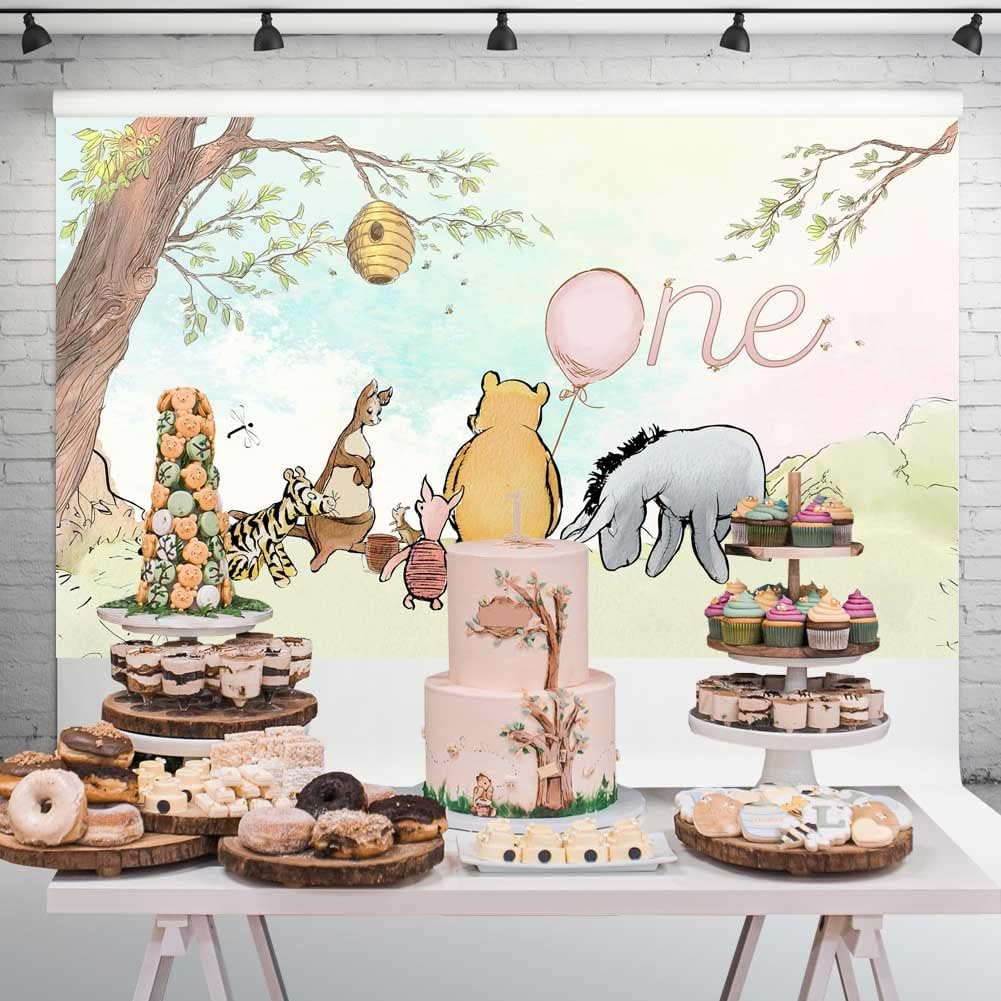 Vintage Pooh Bear Backdrop 1St Birthday Girl Watercolor Tree Pastel Sky Pink Balloon One Year Old Birthday Decorations Background Classic Pooh Cake Table Banner 5X3 Ft 146 image number 3