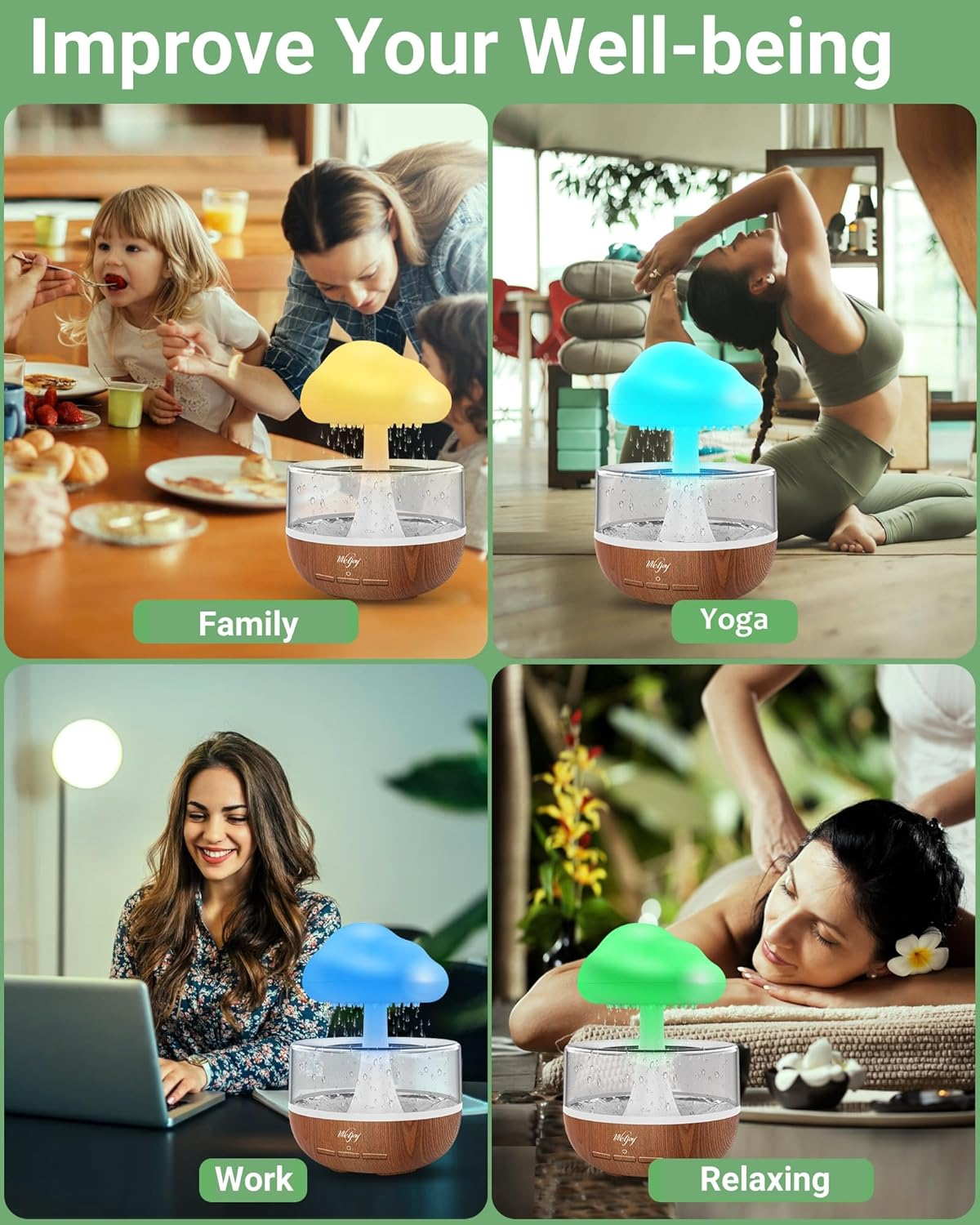 Weljoy Zen Raining Cloud Night Light Aromatherapy Essential Oil Diffuser Micro Humidifier Desk Fountain Bedside Sleeping Relaxing Mood Water Drop Sound (Light Wood Pattern)