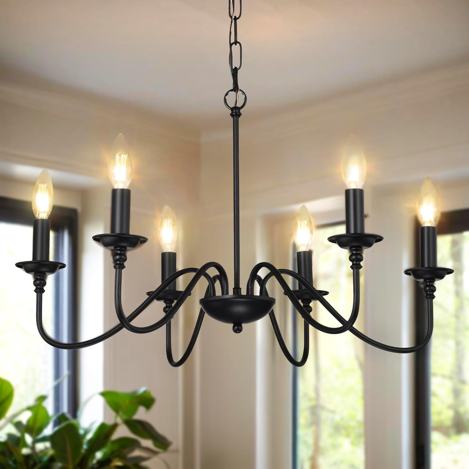 Black Farmhouse Chandelier 6-Light Candle-Style Chandeliers with Adjustable Chain, Rustic Metal Ceiling Light Fixture for Dining Room, Kitchen, Living Room or Entryway, E14 Base image number 3