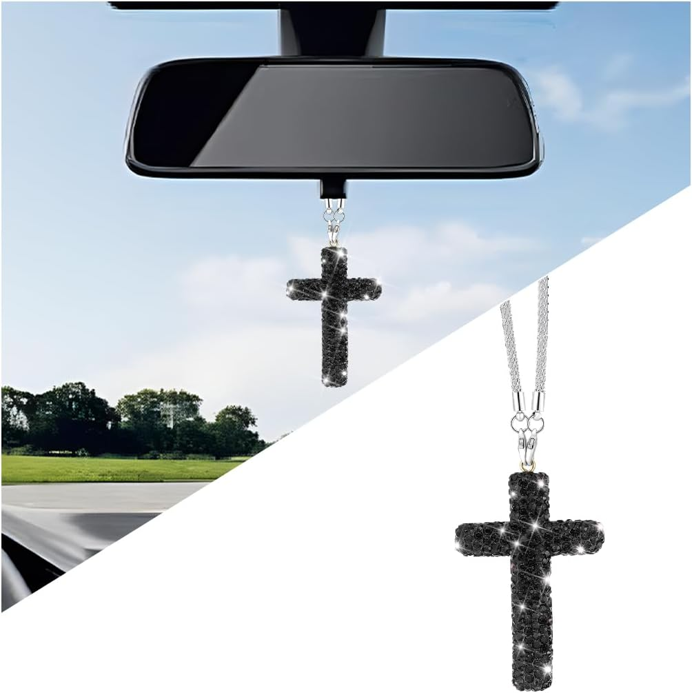 HZEL Bling Car Hanging Ornament, Cross Crystal Rhinestone Vehicle Rear View Mirror Pendant, Diamond Religious Rearview Mirror Decoration Charm, Universal Automotive Interior Accessories (White)