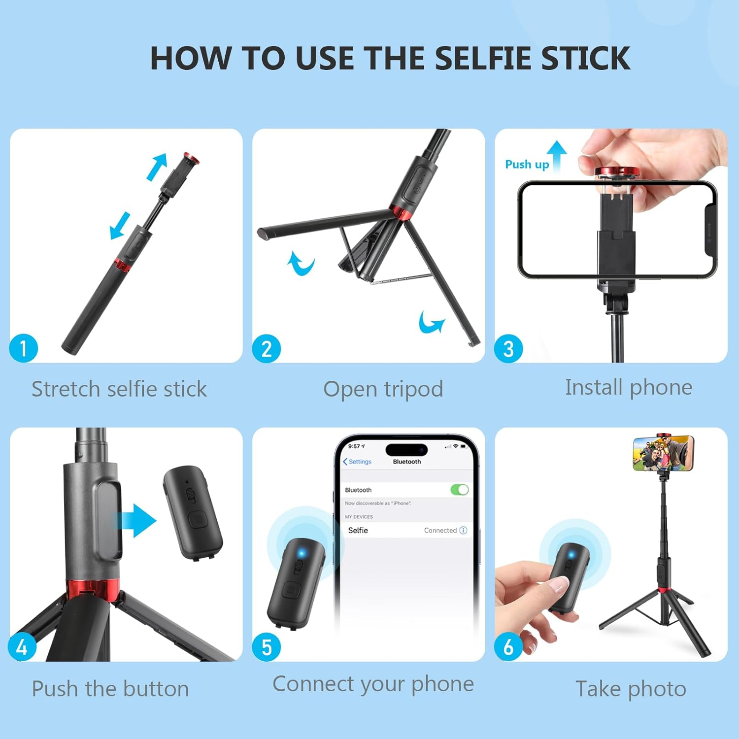 Wireless Selfie Stick, 43" Tripod Stand and Detachable Wireless Remote, Support Video Record, 360&deg; Adjustable Extendable Monopod for Iphone 17/16/15/14 Pro Max, Galaxy Series Phone Video Recording