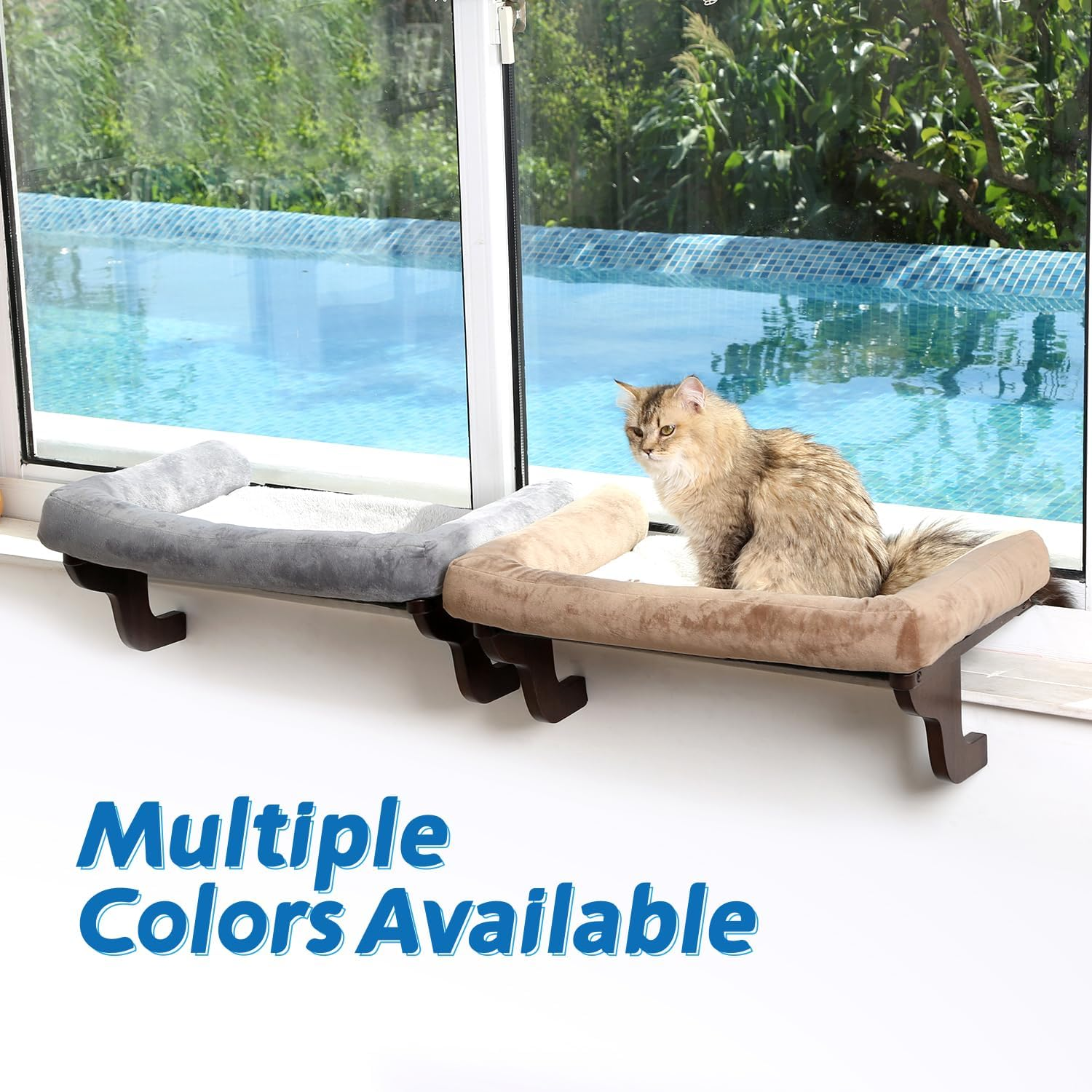 Zakkart Cat Perch for Window Sill with Bolster - Orthopedic Hammock Design with Premium Hardwood & Robust Metal Frame - Cat Window Seat for Large Cats and Kittens - Dark Stained Wood with Gray Bed image number 2