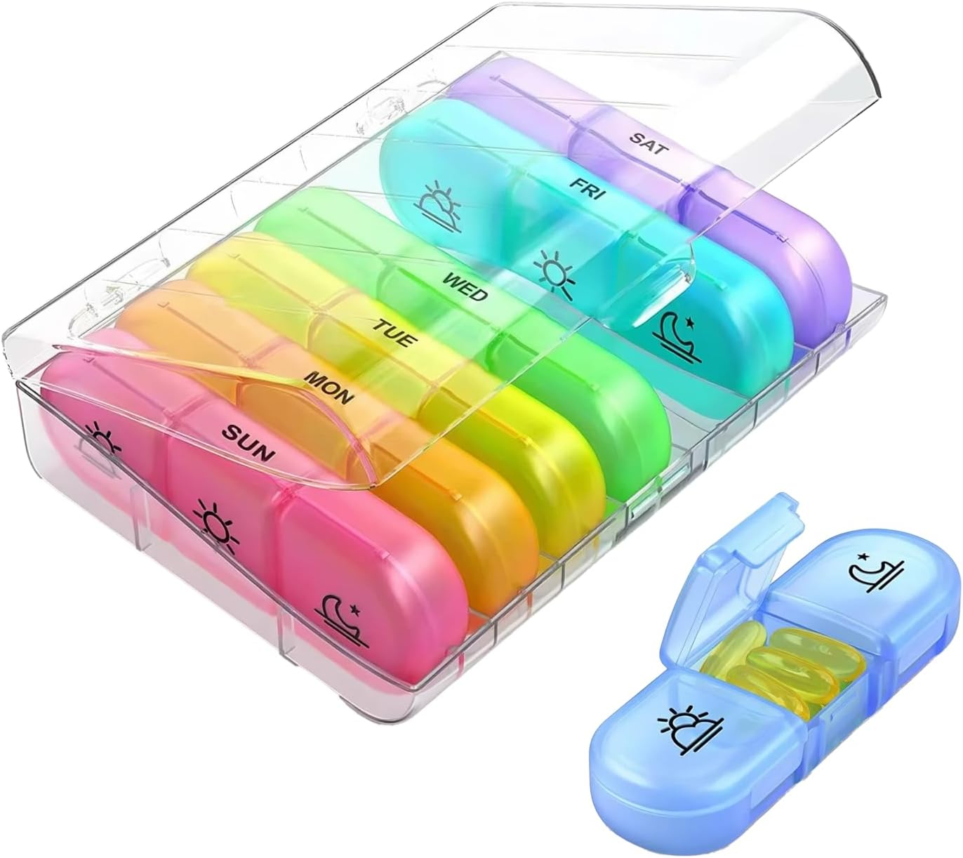Weekly Pill Organizer 3 Times a Day, Large Capacity AM NOON PM Pill Box for 7 Days, Spill Proof with Double Lock, Used for Storing Drugs, Vitamins, Supplements, and Fish Oil Supplements(Clear Rainbow) image number 4