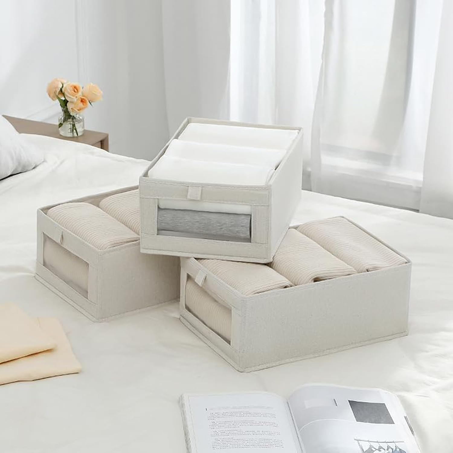 Warmi 6 Pack Linen Wardrobe Organiser, Foldable Closet Storage Bins with Handle - Large Capacity Bins for Wardrobe, Bedroom, Home Storage & Organisation image number 2