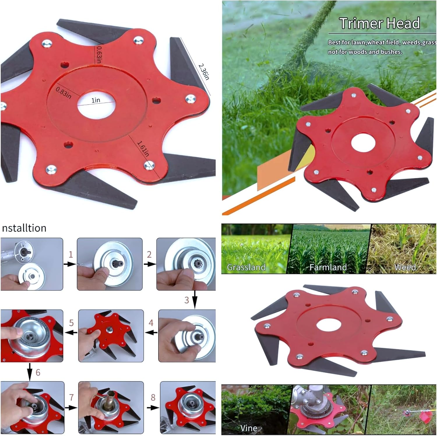 Brush Cutter Kit - 9" X 36T Carbide Tipped Blade, 9" X 20T Carbon Steel Chainsaw Tooth, 10" X 3T Carbon Blade, 6 Steel Razors Trimmer Head for Weed-Eater image number 6