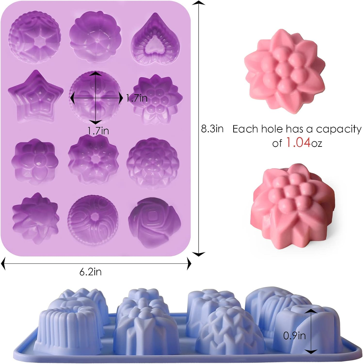 Sakolla 3 Pack Flower Molds Silicone, 12 Cavities Different Shapes Silicone Molds for Chocolate, Cupcake, Candy, Jelly, Ice Cube, Muffin (Pink, Purple, Blue) image number 5