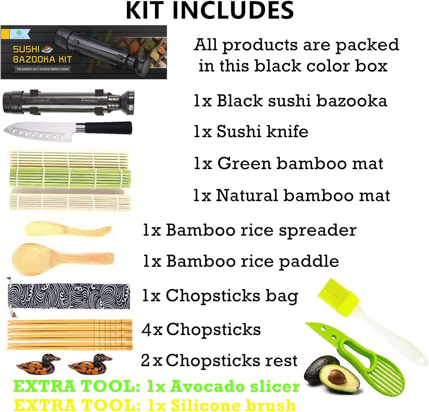 FUNGYAND Sushi Making Kit, All in One Sushi Bazooka Maker with Bamboo Mats, Bamboo Chopsticks, Avocado Slicer, Paddle, Spreader, Sushi Knife, Chopsticks Holder, Cotton Bag, DIY Sushi Roller Machine image number 4