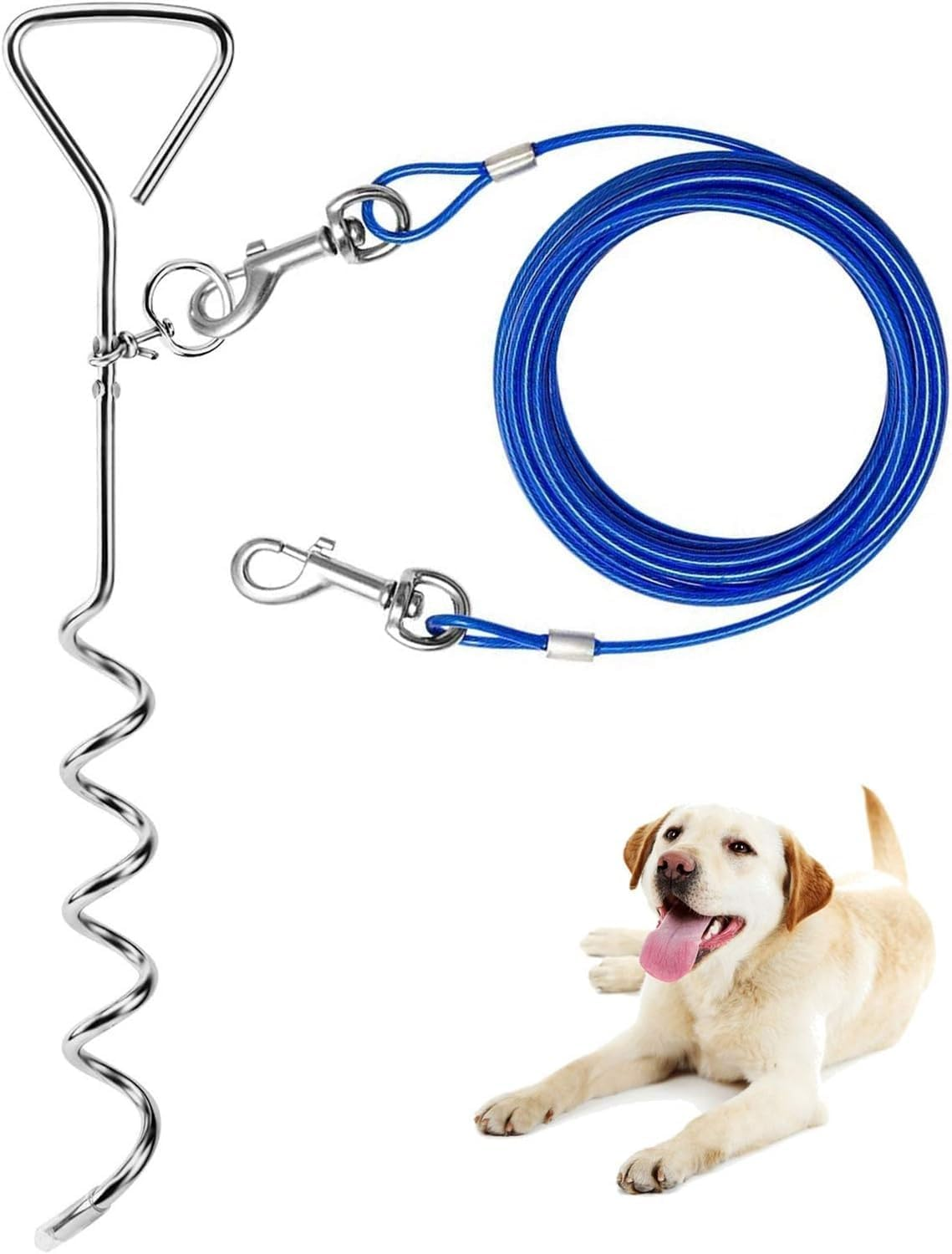 Dog Tie Out Cable and Stake, outside Dog Leash&Chain for Camping and Yard, Heavy Duty anti Rust Spiral Stake for Medium-Large Dogs up to 125 Lbs (Blue, 3M-10Ft) image number 4