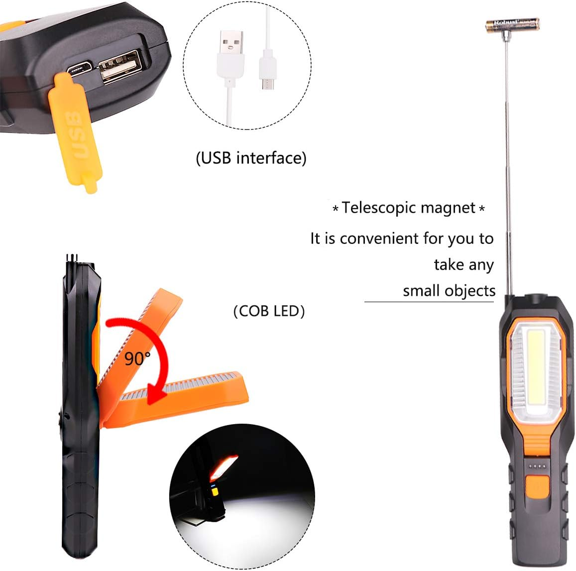 MODOAO Rechargeable COB LED Work Light, Magnetic USB Inspection Light, 700 Lumens, Black
