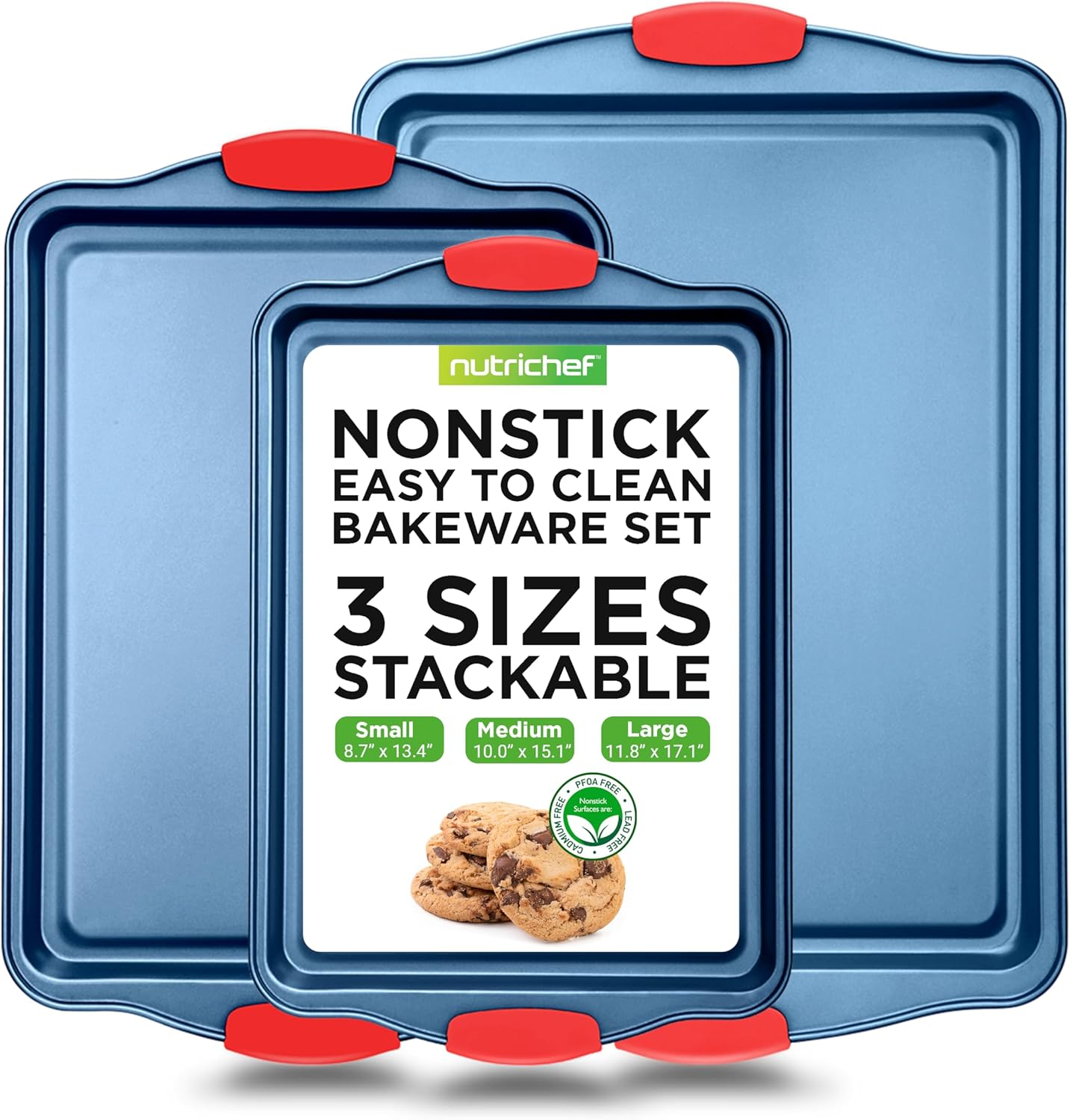 Nutrichef 3-Piece Nonstick Bakeware Set - PFOA, PFOS, Ptfe-Free Carbon Steel Baking Trays W/Heatsafe Red Silicone Handles, Oven Safe up to 450&deg;F, Small, Medium & Large Cookie Sheet Pans image number 1