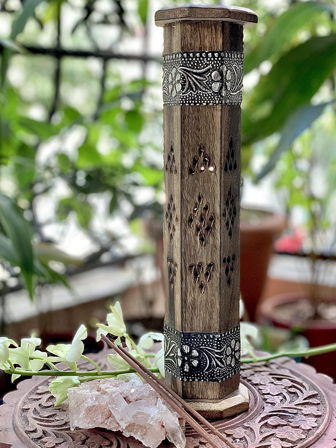 Wooden Incense Stick & Cone Burner Holder Tower Large Organic Eco Friendly Ash Catcher Agarbatti Holder Rustic Style Hand Carved for Meditation Yoga Aromatherapy Home Fragrance Products image number 5