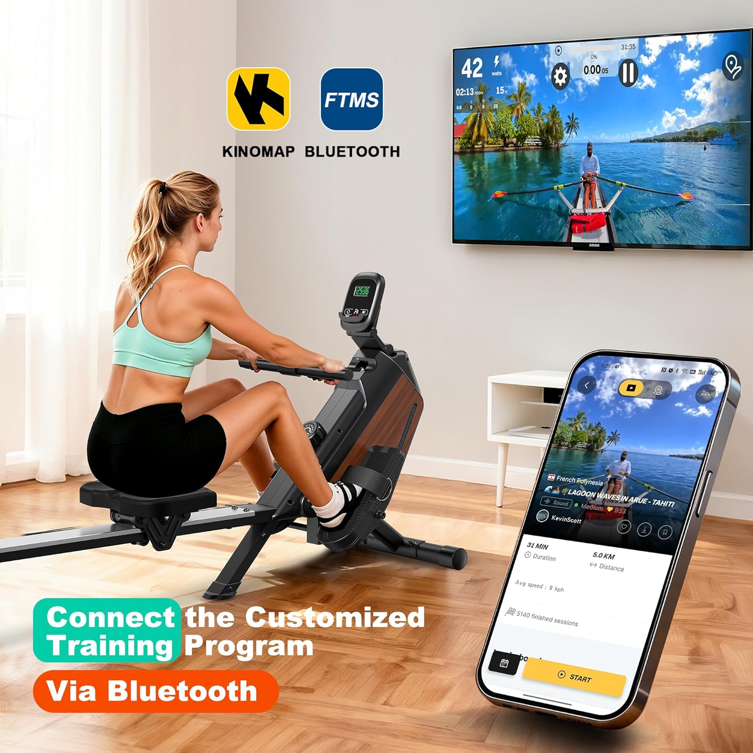 Magnetic Rowing Machine Folding Rower Machine with 16-Level Resistance, Bluetooth Connectivity,Supports Height 150-200Cm &160Kg Load Capacity,Vertical Storage,Quiet Rowing Machine for Cardio Training - Silber image number 6