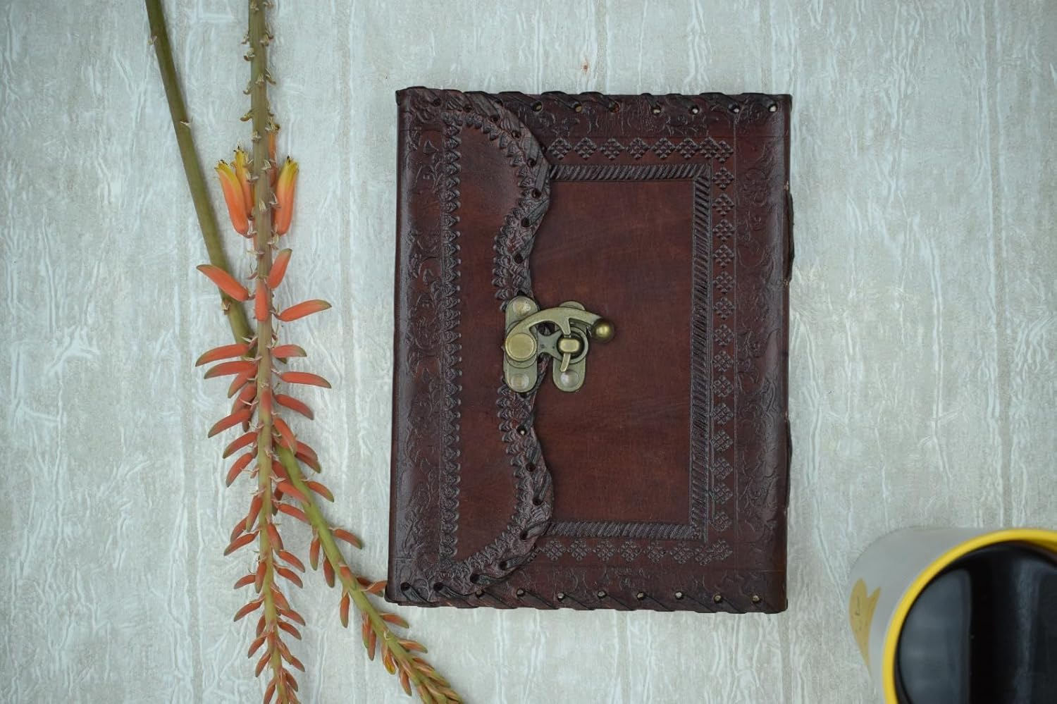 OVERDOSE Mehrab Brass C-Lock Leather Journal - Handmade Antique Stone Journal Diary Leather Sketchbook Drawing Notebook - 6 X 8 Inches | 15 X 20 Cm | A5 image number 3