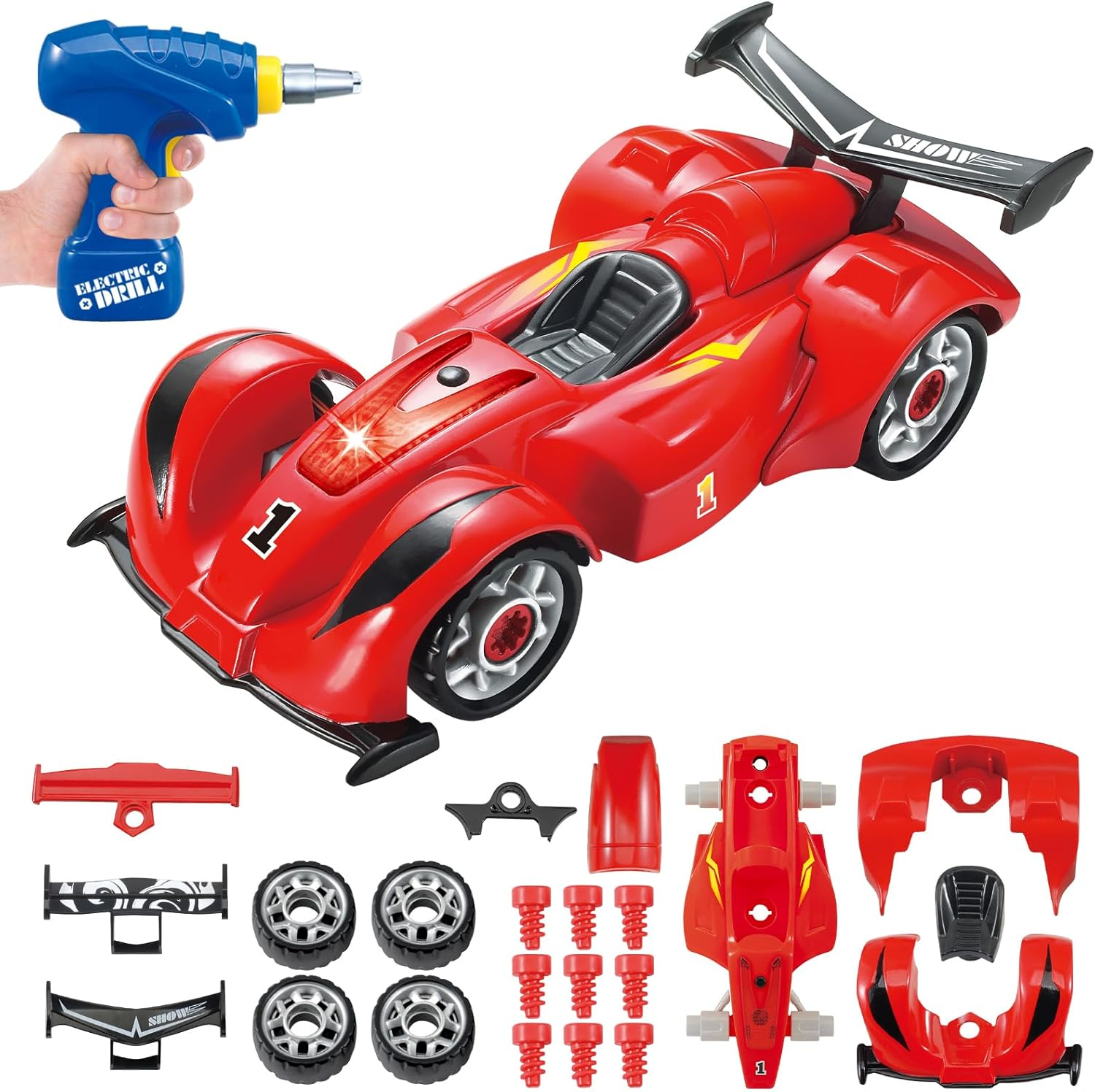 Pup Go F1 Construction Toy Racing Car - 24 Pieces with Realistic Sounds & Lights - 2 in 1 Easy Build Your Own Racing Car Kit with Electric Drill Tool - Take Apart Toys Gifts for 3+ Years Old Boys Kids