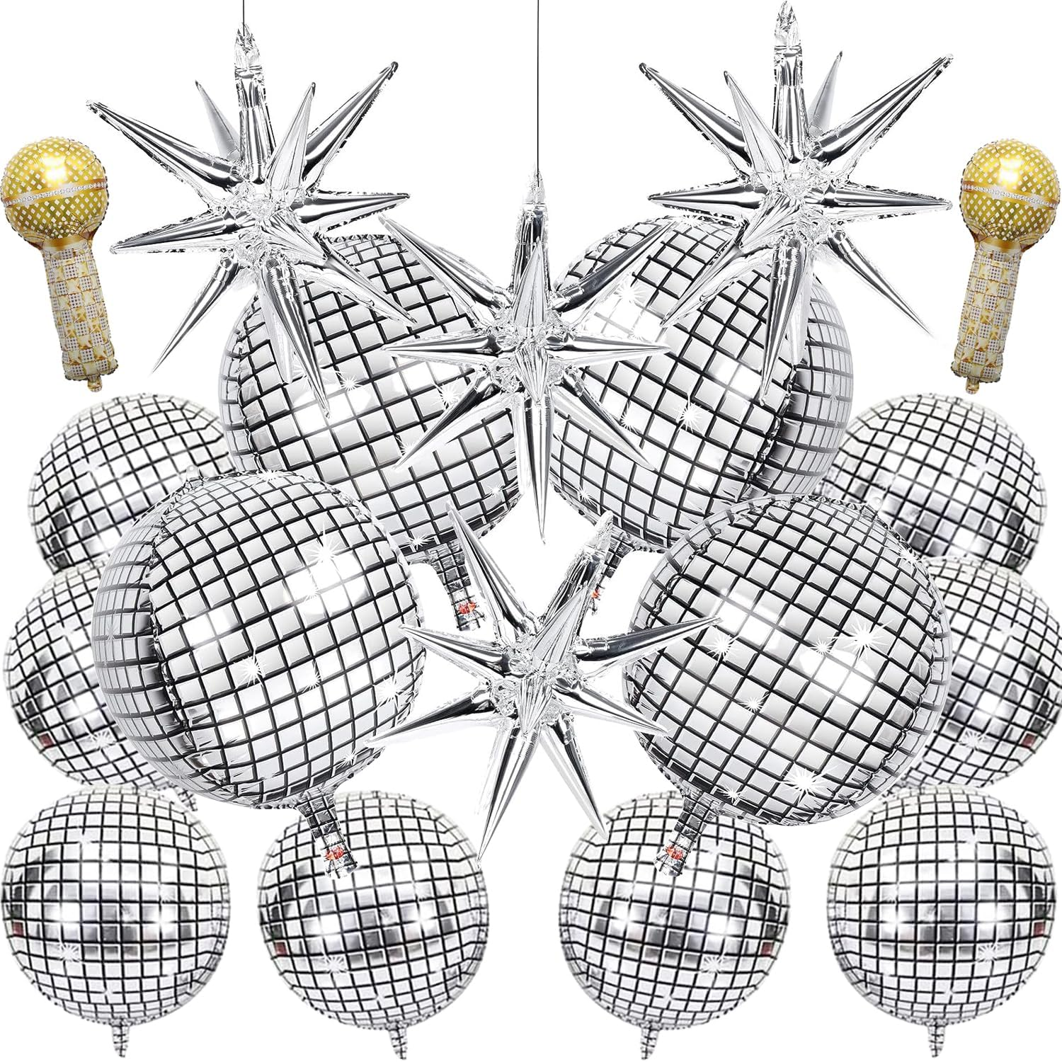 18 Pcs Disco Ball Balloons 4D Large Foil Balloons with 2 Gold Microphone Balloons Explosion Star Aluminum Foil Balloons 22 Inches 15 Inches 10 Inches Silver Disco Balloons for Disco Party Supplies
