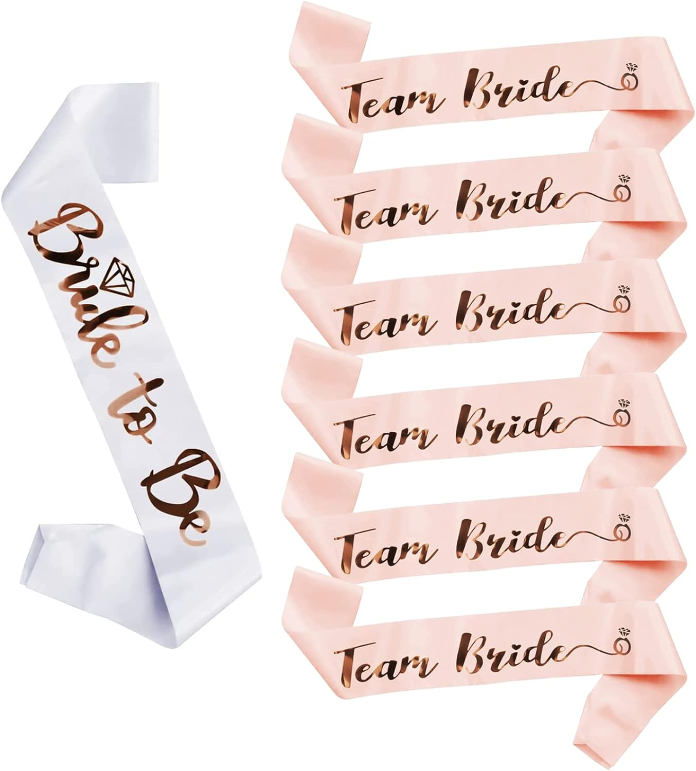 7Pcs Team Bride Sash Set - 1 White Bride to Be Sash & 6 Team Bride Sashes Bachelorette Party Supplies with Shiny Rose-Gold Sash Bridesmaid Sashes for Bridal Hen Party Wedding Decorations image number 3