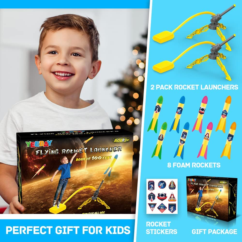 YEEBAY Rocket Air Launch Toy for Kids Age of 3, 4, 5, 6, 7, 8+ Years Old Boy/Girl, 2 Pack Stomp Launchers & 8 Colorful Foam Rockets, Fun Outdoor Game, Ideal Kids' Christmas/Birthday
