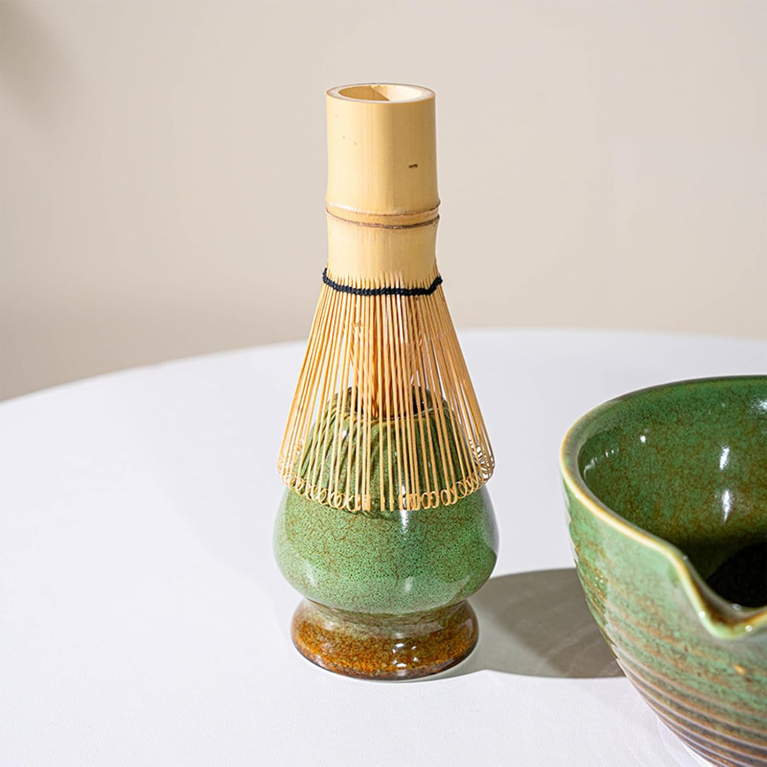 Matcha Set, Japanese Tea Set Includes Matcha Bowl with Spout, Matcha Whisk Holder, Bamboo Matcha Whisk and Sifter Scoop, 17 Oz Mottled Tea Green Glaze Ceramic Matcha Kit for Tea Lovers image number 6