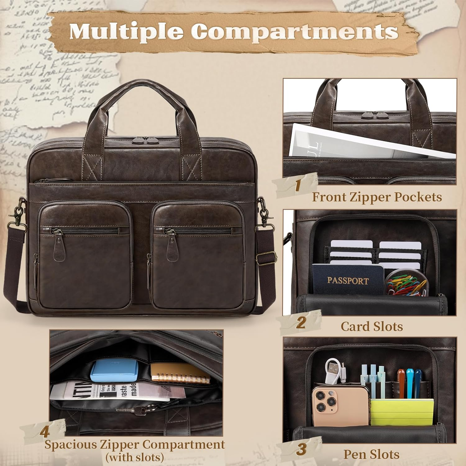 Lubardy Messenger Bag Men Vintage PU Leather Laptop Bag 15.6 Inch Briefcases for Men Work Computer Bag Waterproof Briefcase - Brown image number 5