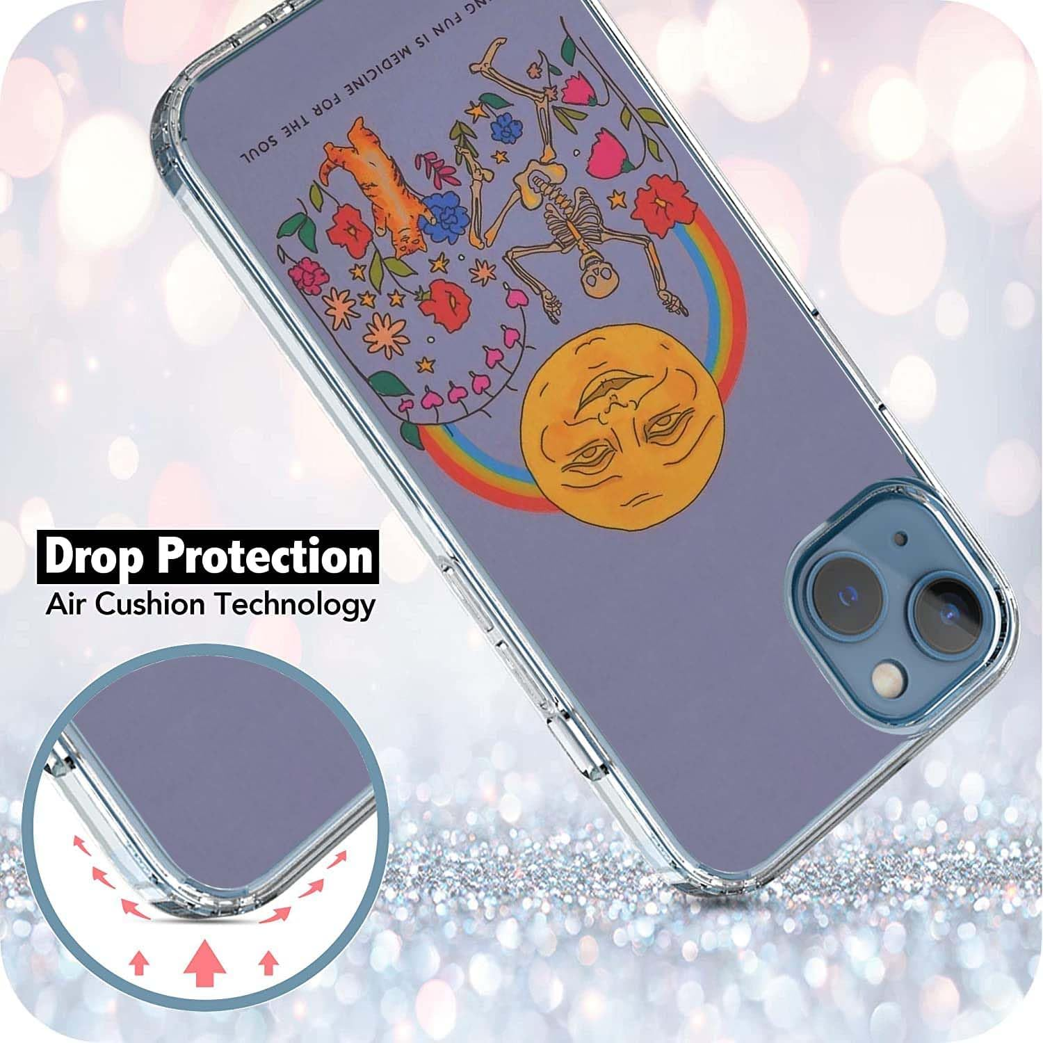 Hippie Sun Skeleton Cat Flowers Case Compatible with Iphone 13, Vintage Hippie Vibe Case for Iphone 13, Trendy TPU Phone Case Cover image number 3