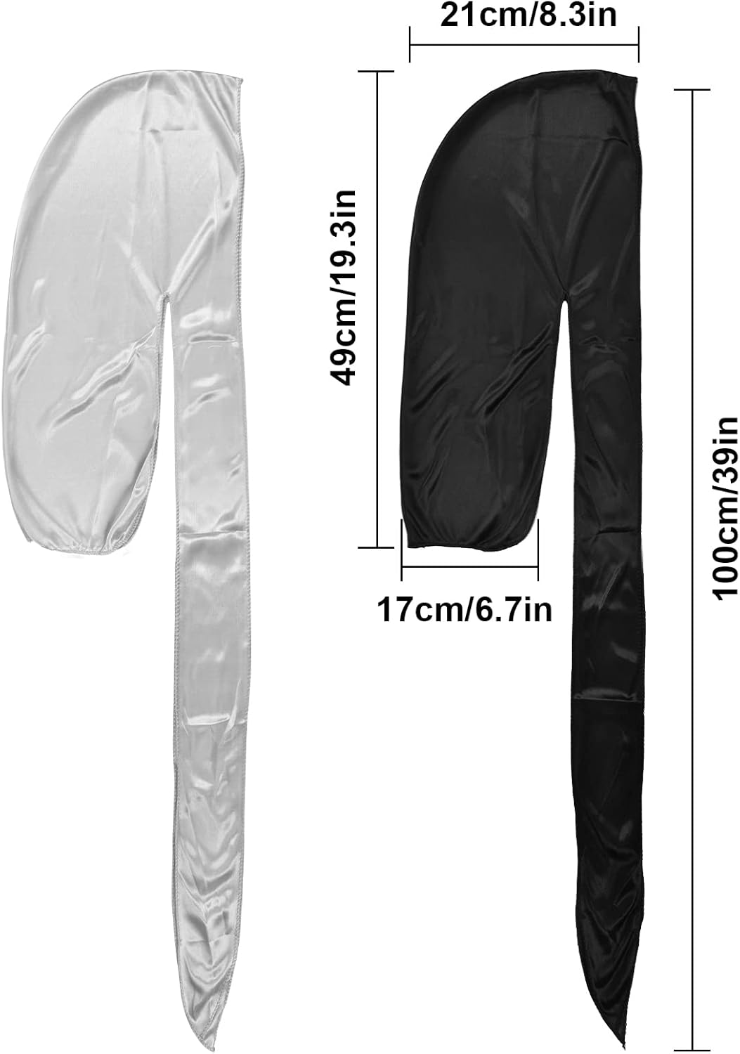 2 Pieces Long Tail Durag, Unisex Silk Durag 360 Waves Headwraps Wide Straps Pirate Hair Loss Chemo Cap Bandana Turban Hat for Women and Men Hip-Hop - Black+Grey image number 2
