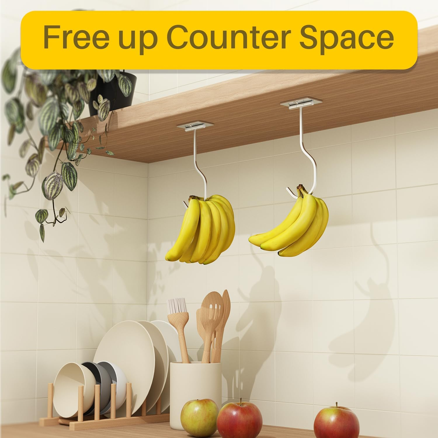 2-Pack Self Adhesive Banana Hook, Metal Banana Hanger Hook,Under Cabinet Hook for Bananas or Kitchen Items, Foldable Banana Hook, Folds up with Magnets When Not in Use, Keep Bananas Fresh, Silver image number 4